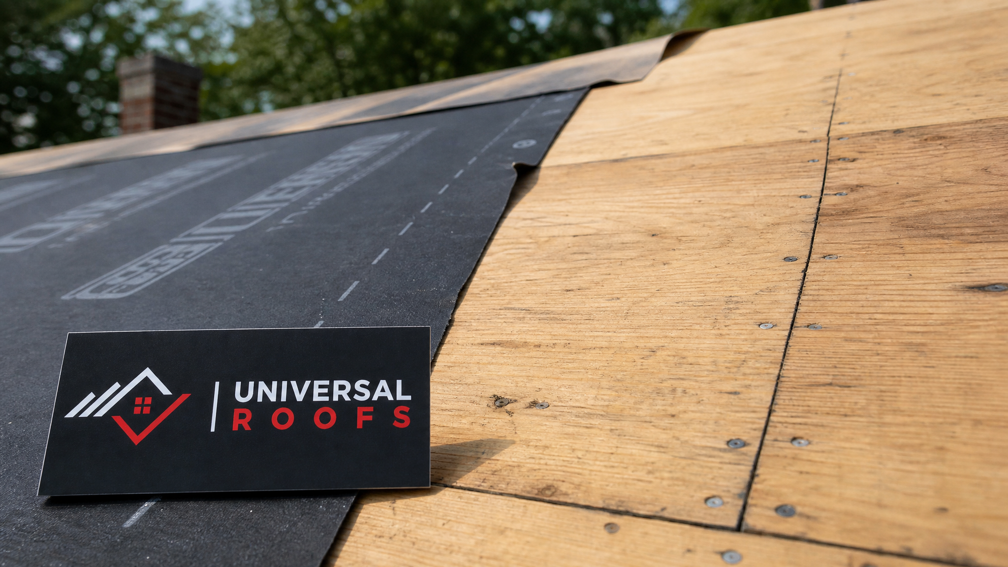 Close-up of new plywood roof decking seams with ring-shank nails and ice-and-water shield membrane visible