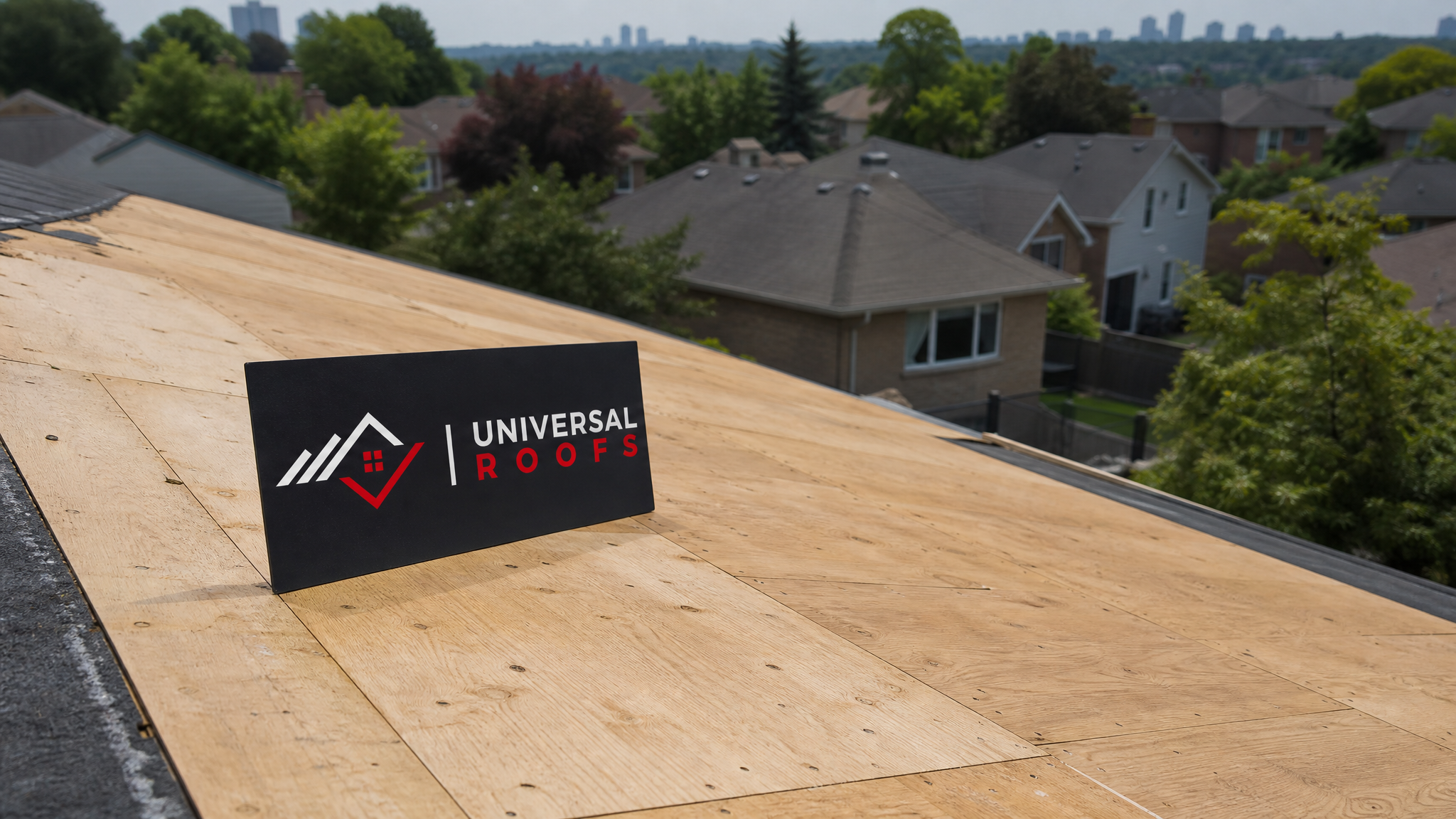 Freshly repaired roof decking with new plywood sheathing installed on a Toronto home under summer daylight