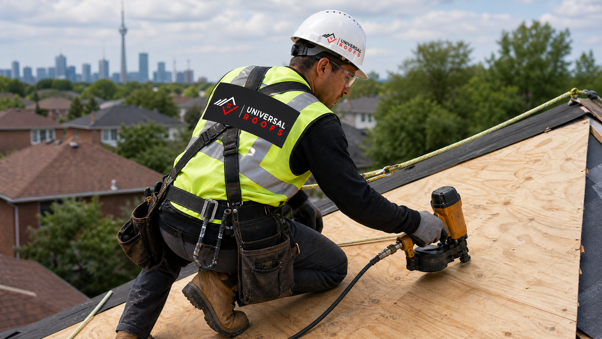 Roofer wearing a harness and full safety gear fastening new plywood decking on a steep-slope roof