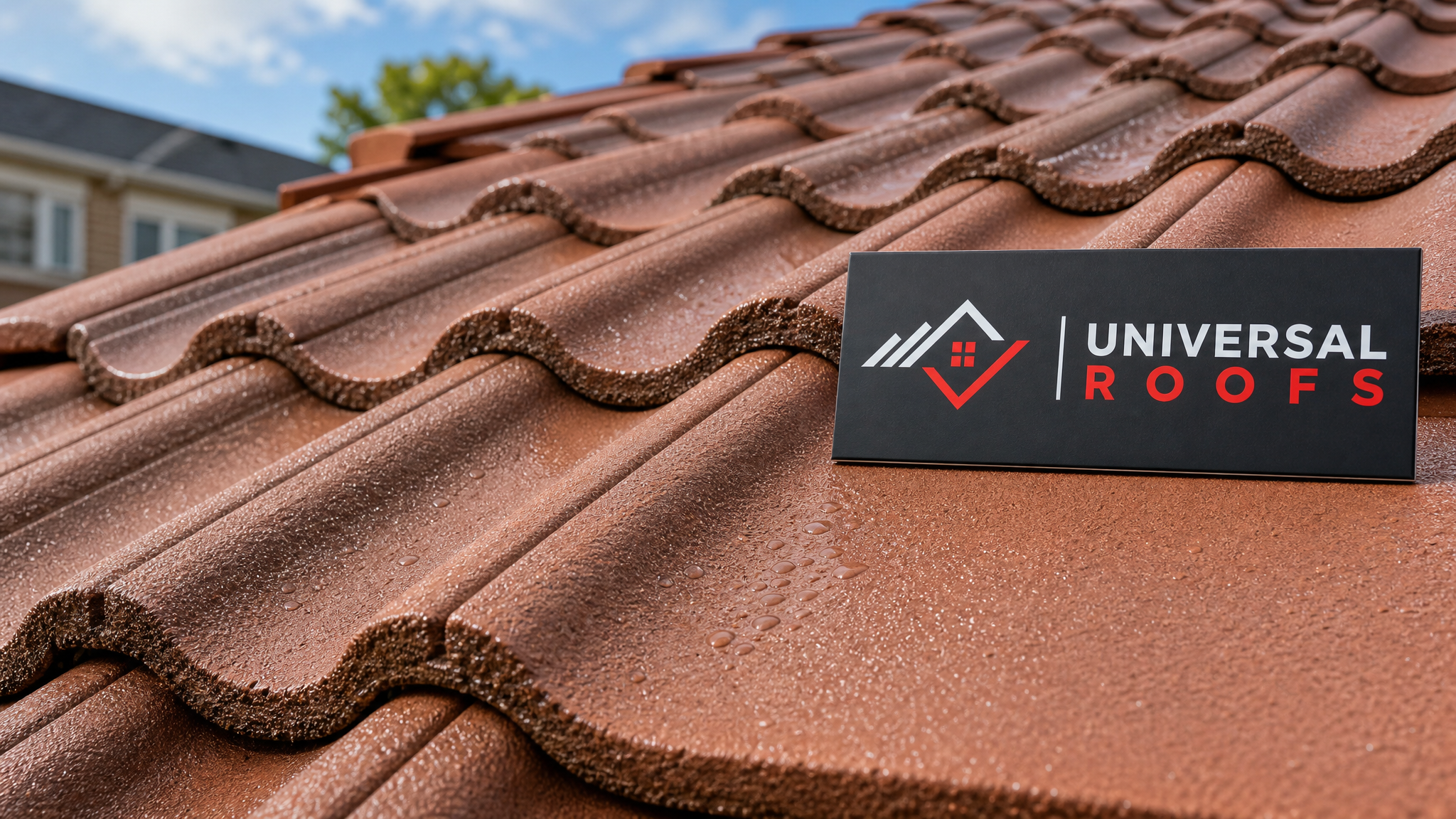 Close-up detail of clean clay tile roof texture and overlap after mould and mildew removal treatment