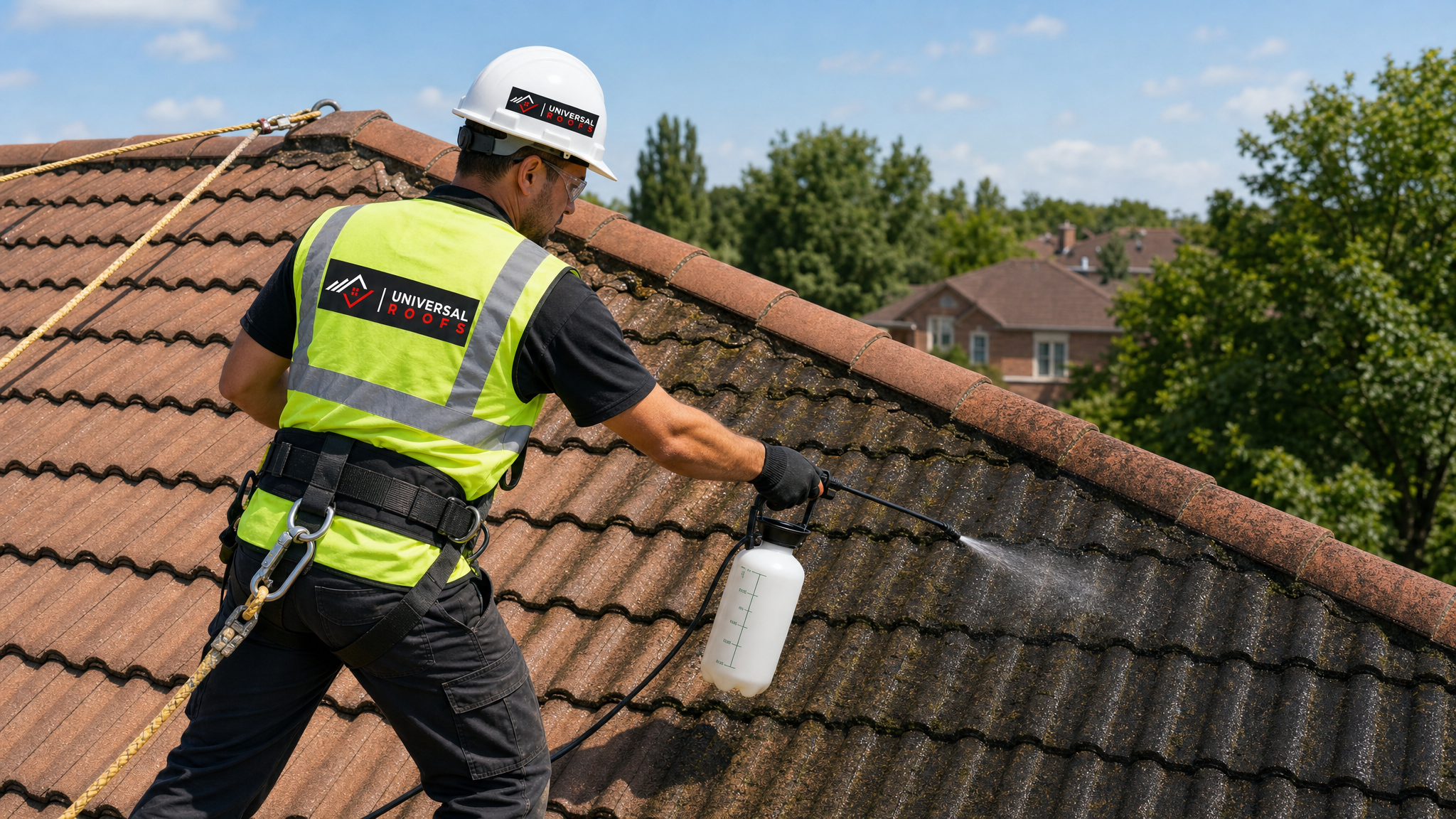 Roofing technician applying cleaning solution to remove mould and mildew from a tile roof while secured with a safety harness
