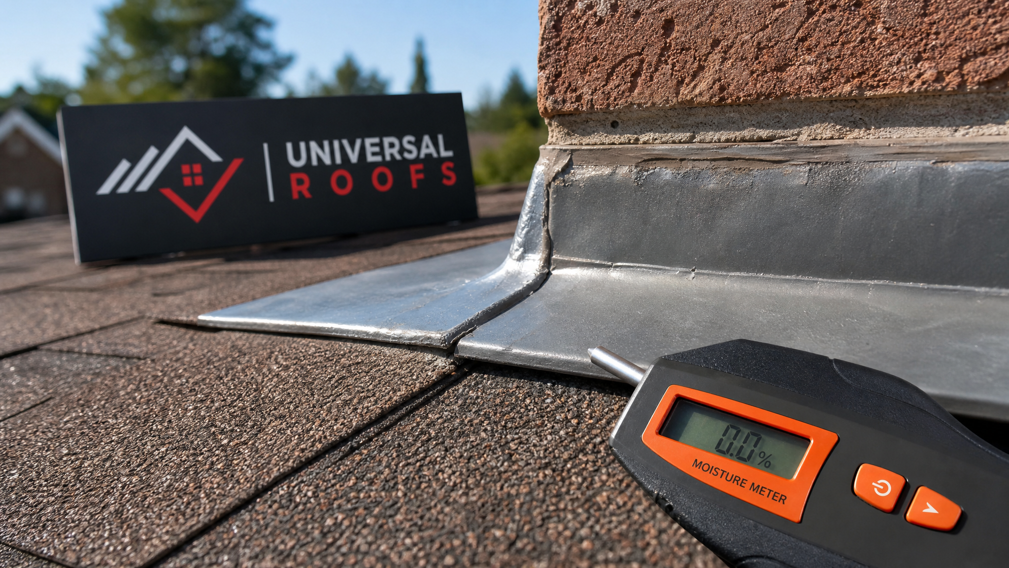 Close-up of roof flashing and shingle overlap being inspected with a moisture meter probe, with a Universal Roofs branded sign placard in the background