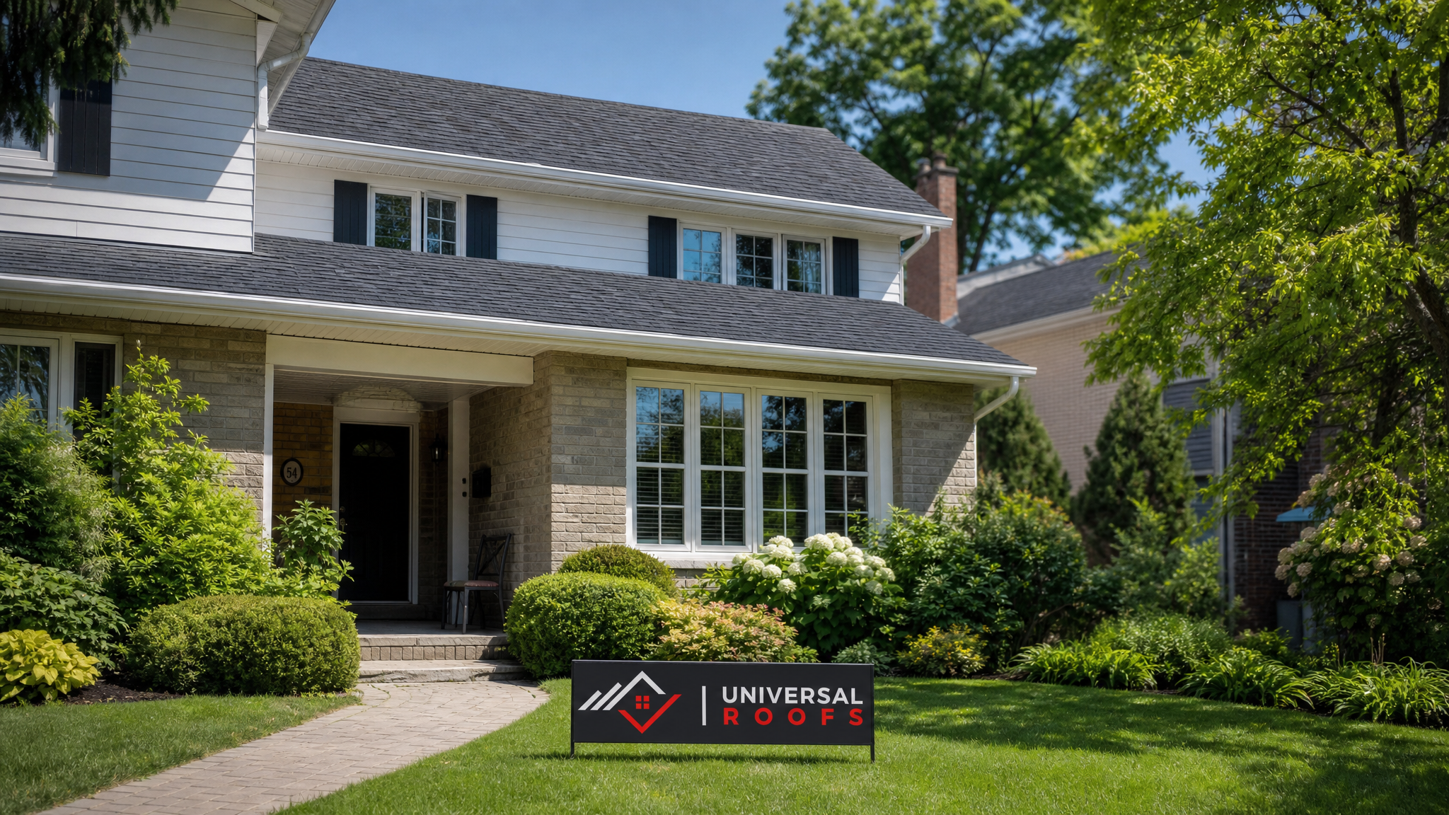 Dry, water-stain-free attic ceiling and freshly repaired asphalt shingle roof on a Toronto home in summer daylight, with a branded Universal Roofs sign placard resting on the lawn