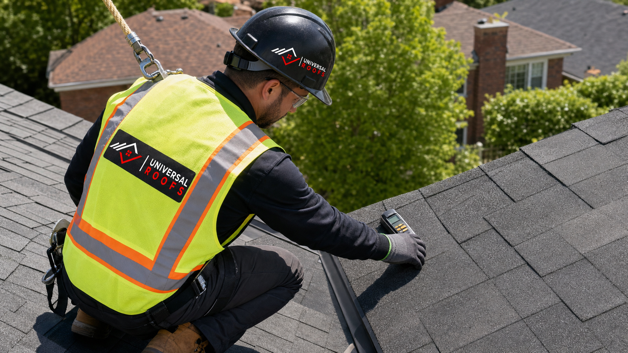 Roofing technician in full safety gear using a moisture meter to test for a roof leak while secured with a fall-protection harness on a Toronto home