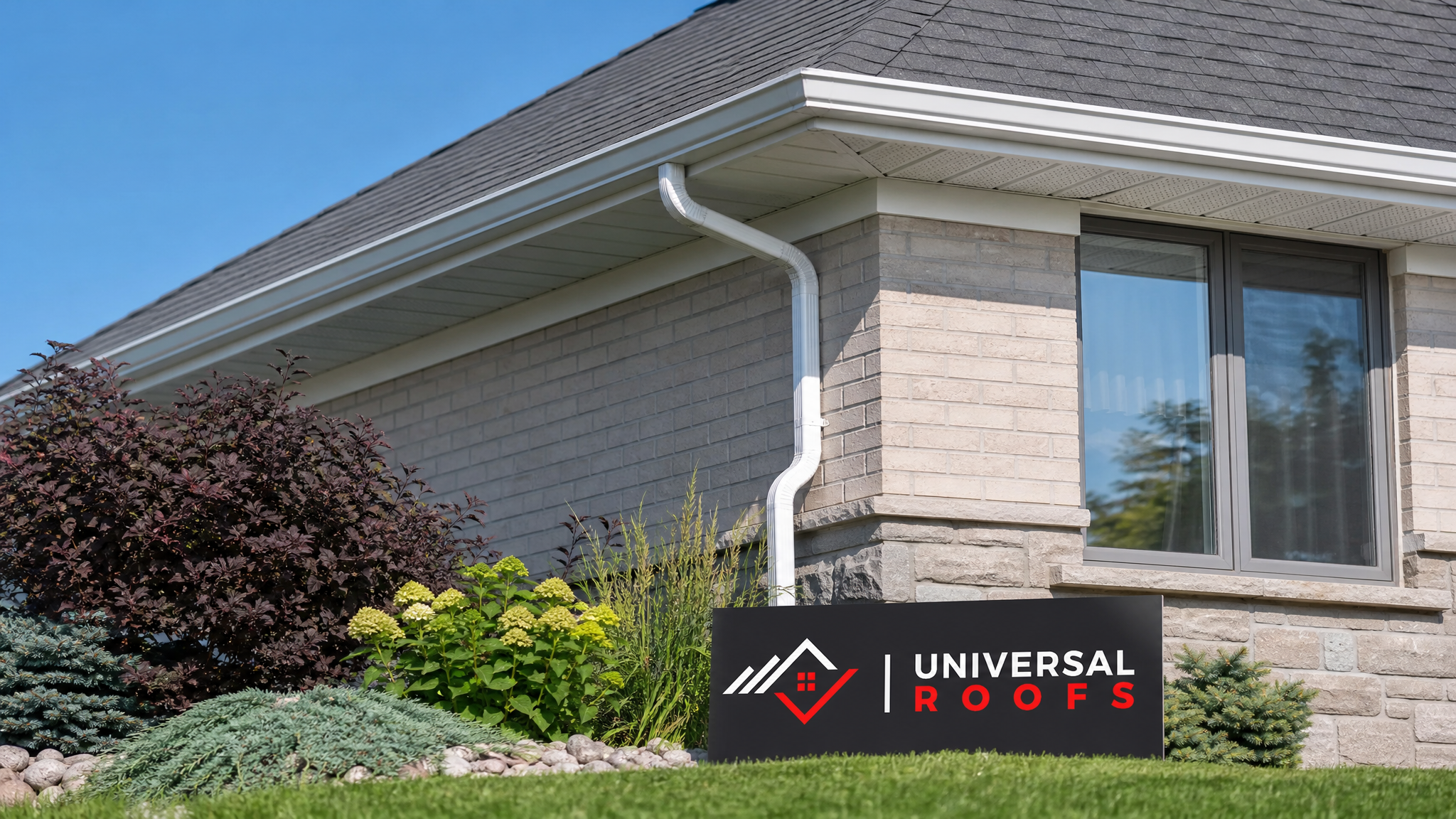 Newly repaired white aluminum soffit and fascia on a Toronto home under summer daylight with a Universal Roofs sign placard nearby