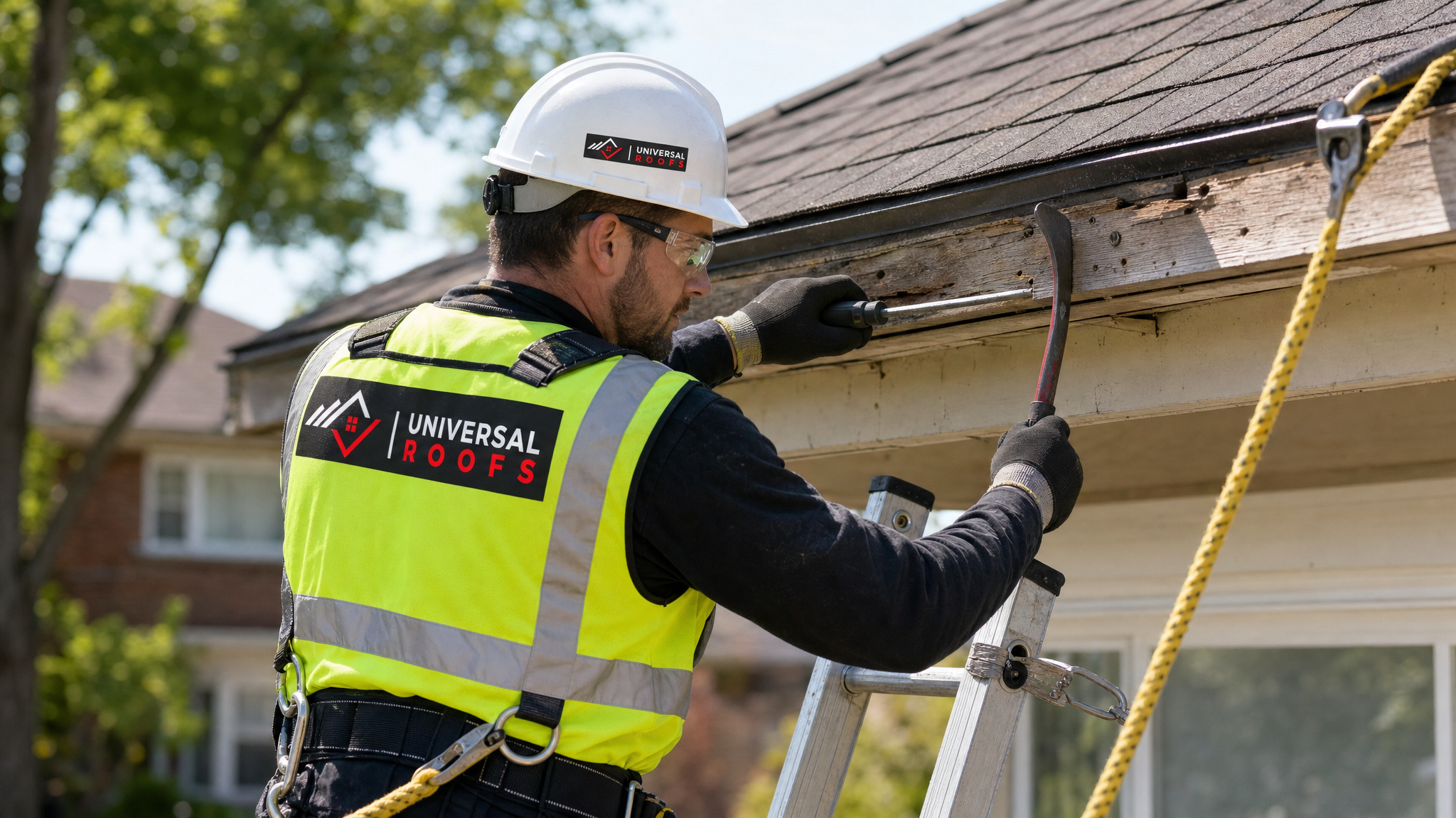 Roofing technician wearing hard hat, hi-vis vest, harness and safety rope repairing fascia board at roofline on a Toronto home