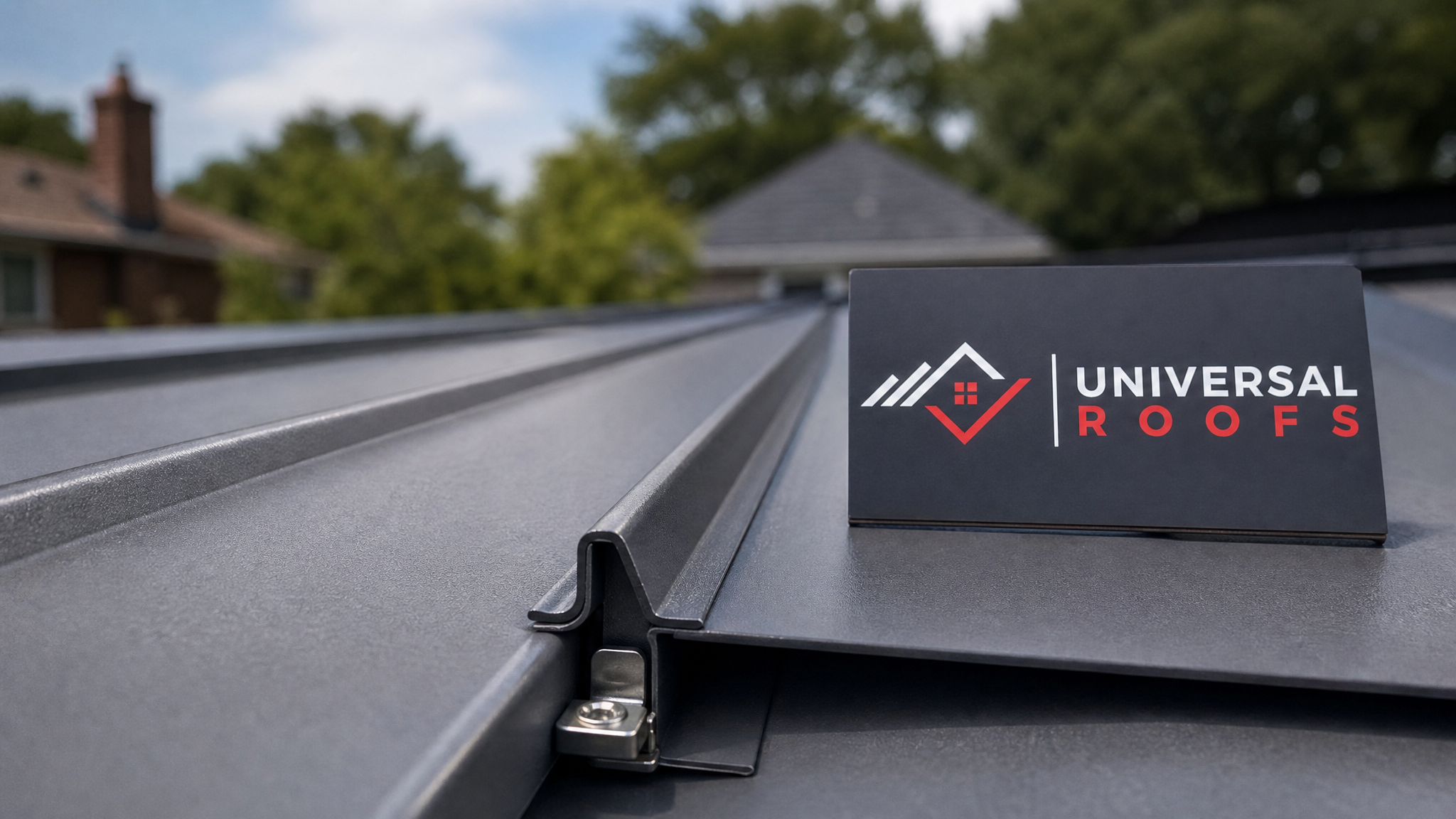 Close-up detail of a standing seam metal roof panel joint and concealed fastener clip