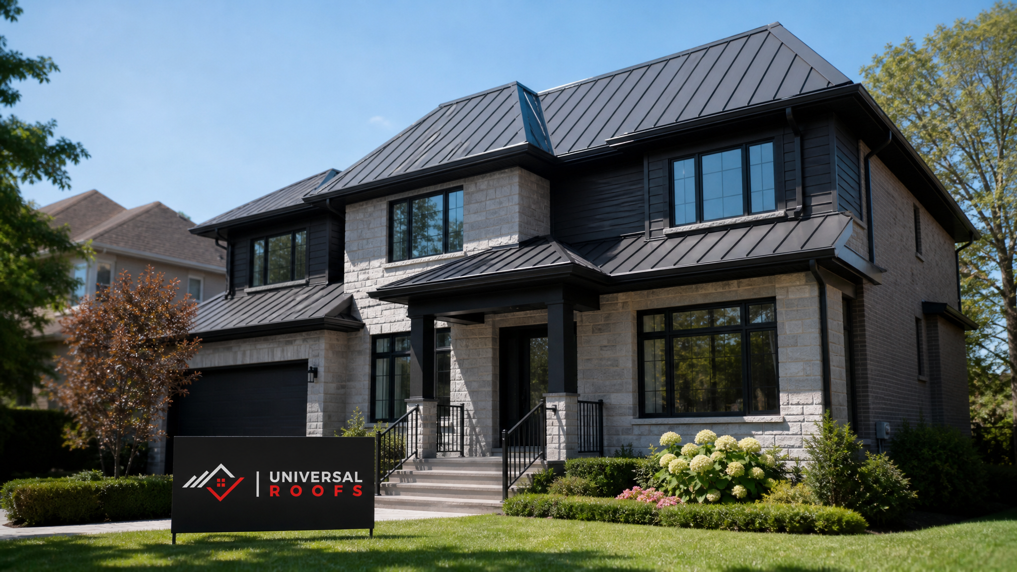Finished standing seam metal roof replacement on a Toronto-area home in summer daylight