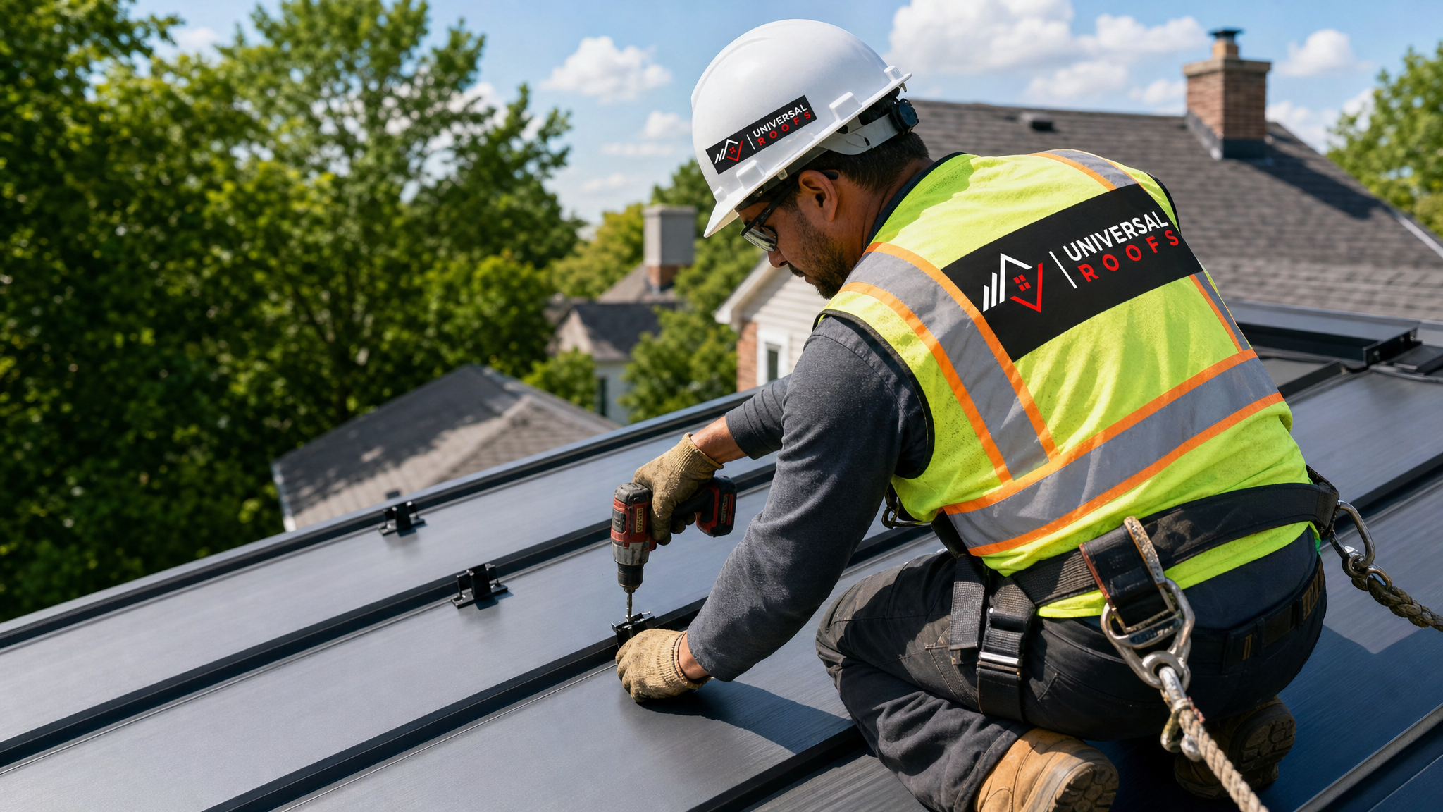 Roofer installing standing seam metal panels on a GTA home while wearing full fall-protection safety gear