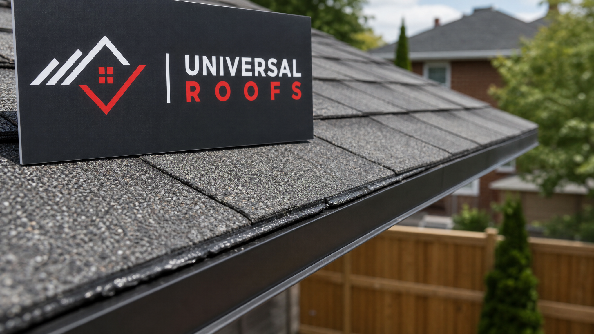 Close-up of new asphalt shingle overlap and flashing detail on a roof edge with a Universal Roofs branded sign placard visible nearby