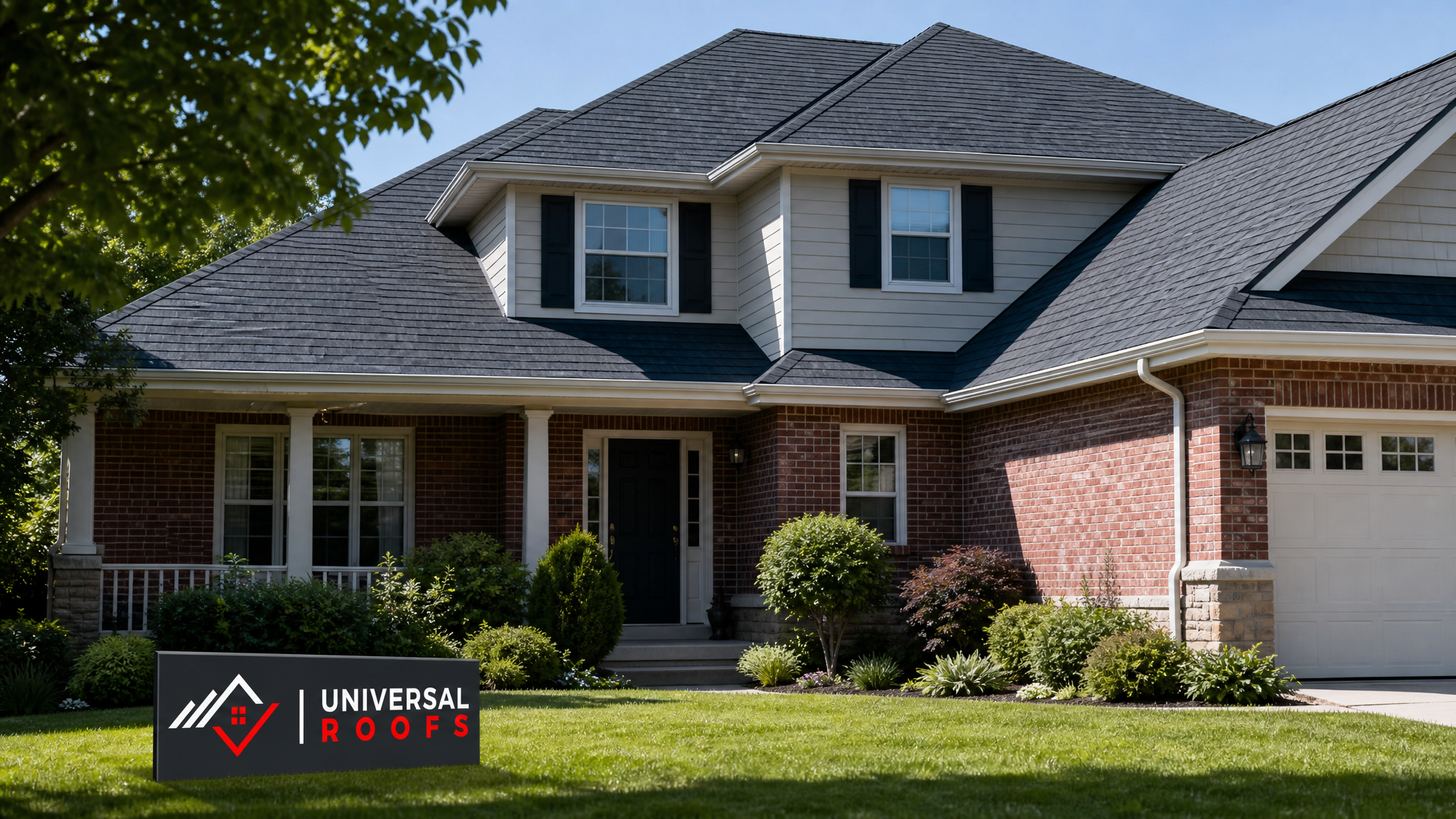 A well-maintained asphalt shingle roof on a Toronto home in clear summer daylight with a Universal Roofs branded sign placard resting on the lawn nearby