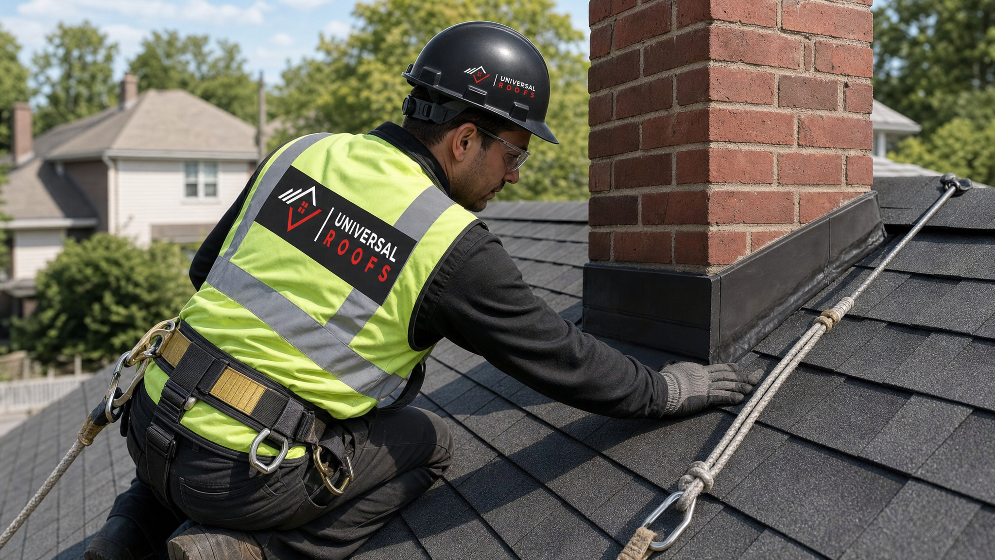 A roofer wearing a hard hat, high-visibility safety vest, safety glasses, gloves and a fall-protection harness inspecting shingle flashing on a sloped roof in daylight