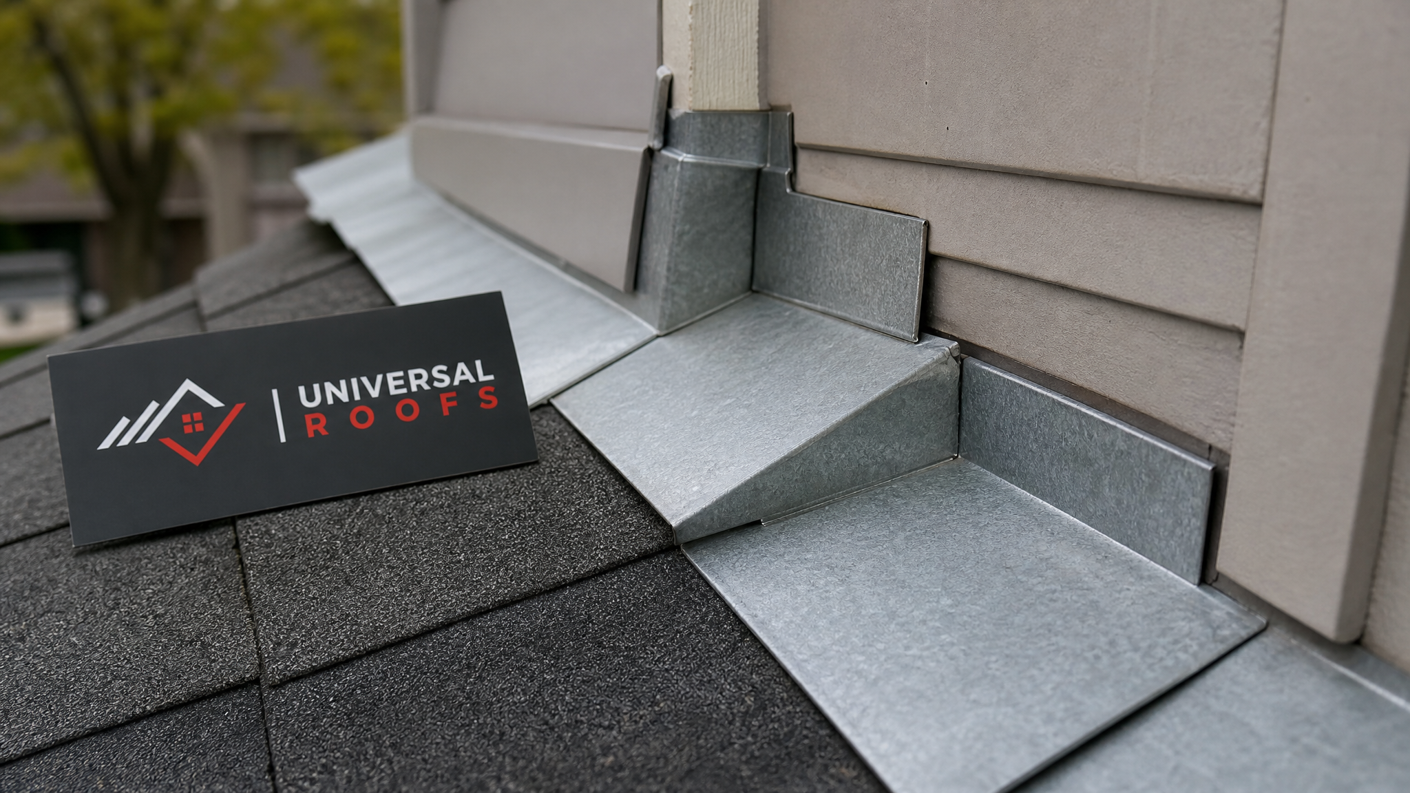 Close-up of overlapping galvanized step flashing and counterflashing pieces on a dormer sidewall