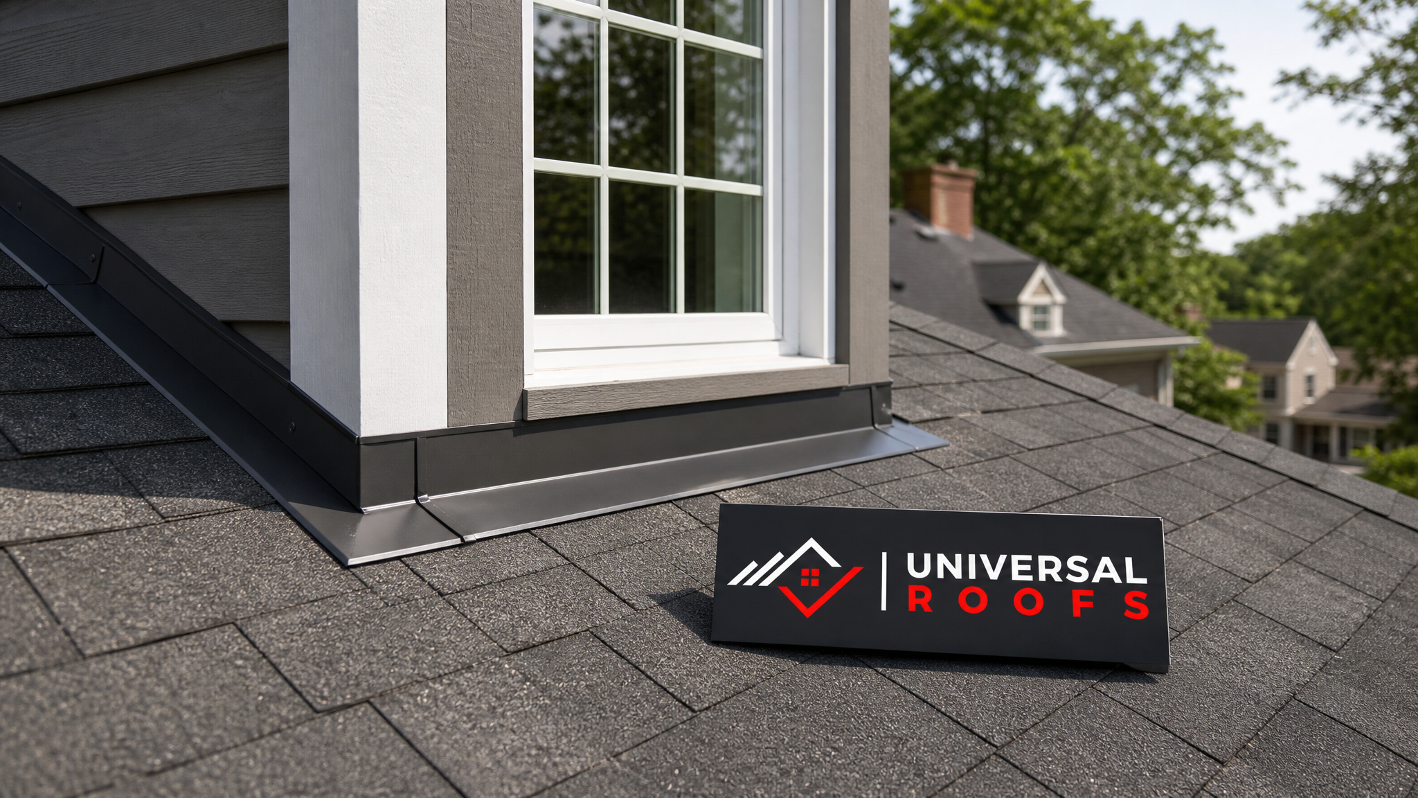 Freshly flashed dormer on a Toronto home with clean metal step flashing and counterflashing under summer daylight