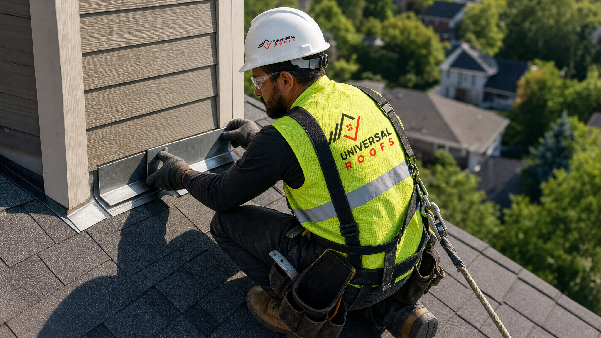 Roofer wearing full safety harness installing step flashing along a dormer sidewall on a Toronto rooftop