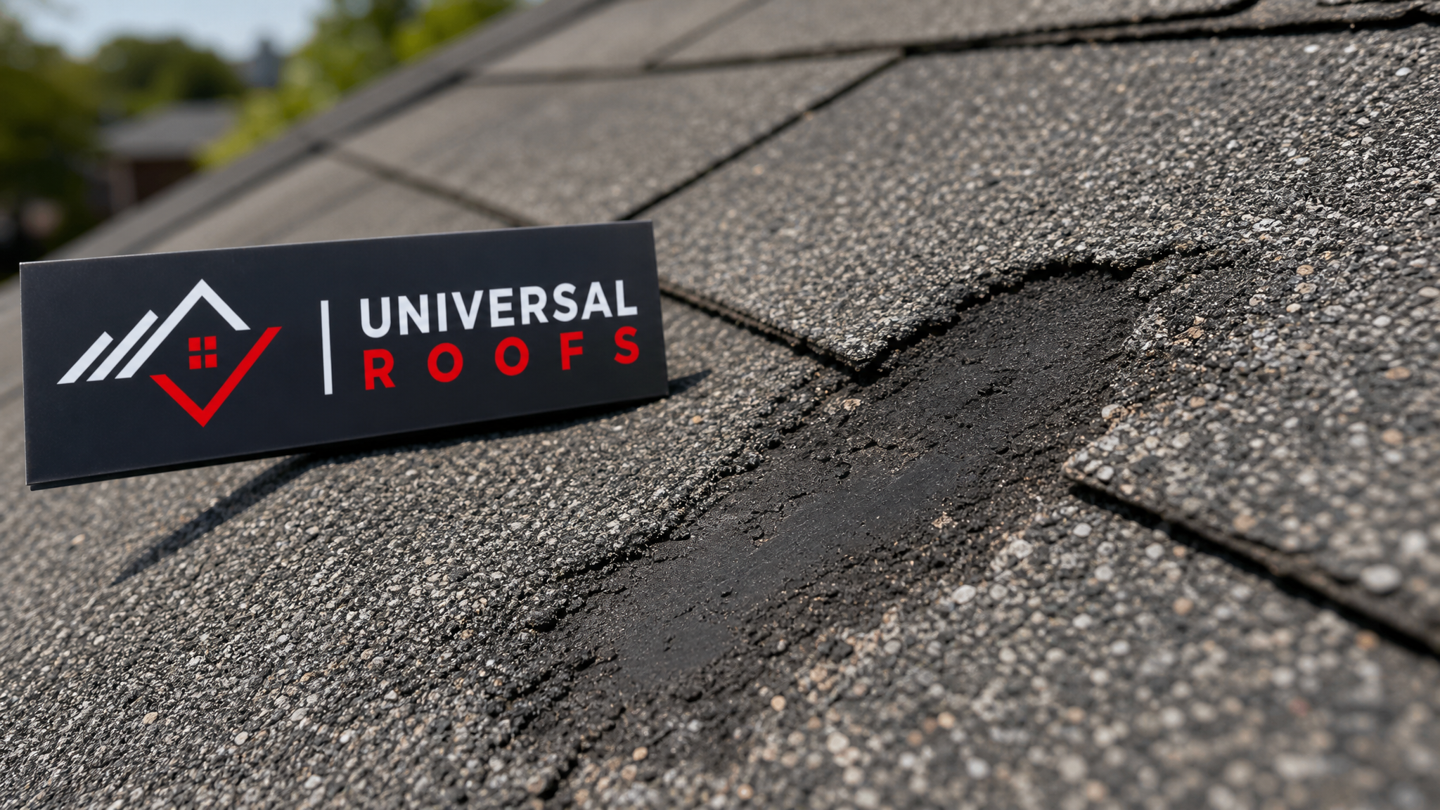 Close-up of a hail damaged asphalt shingle showing granule loss and bruising next to a branded inspection sign
