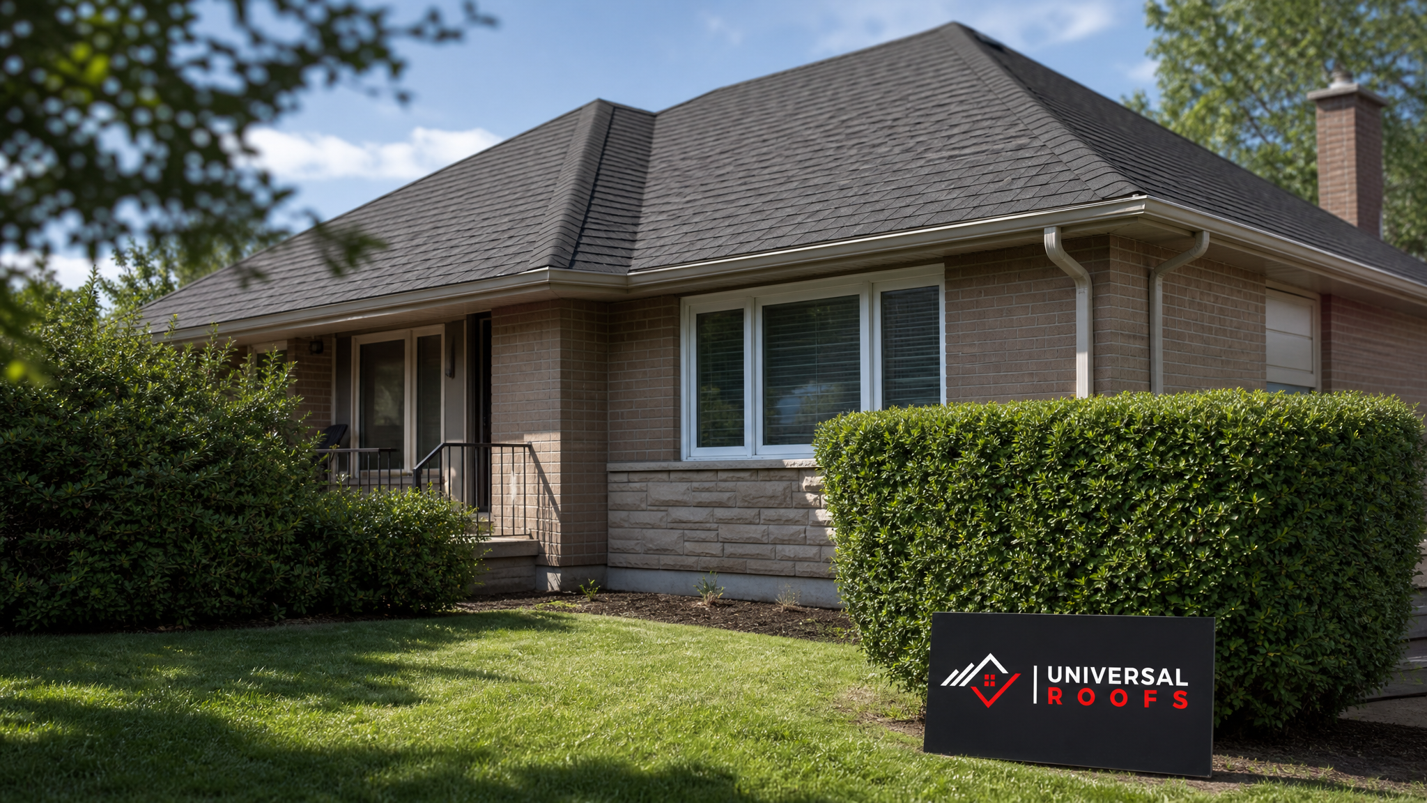 Freshly repaired asphalt shingle roof after hail damage restoration on a Toronto area home in summer daylight