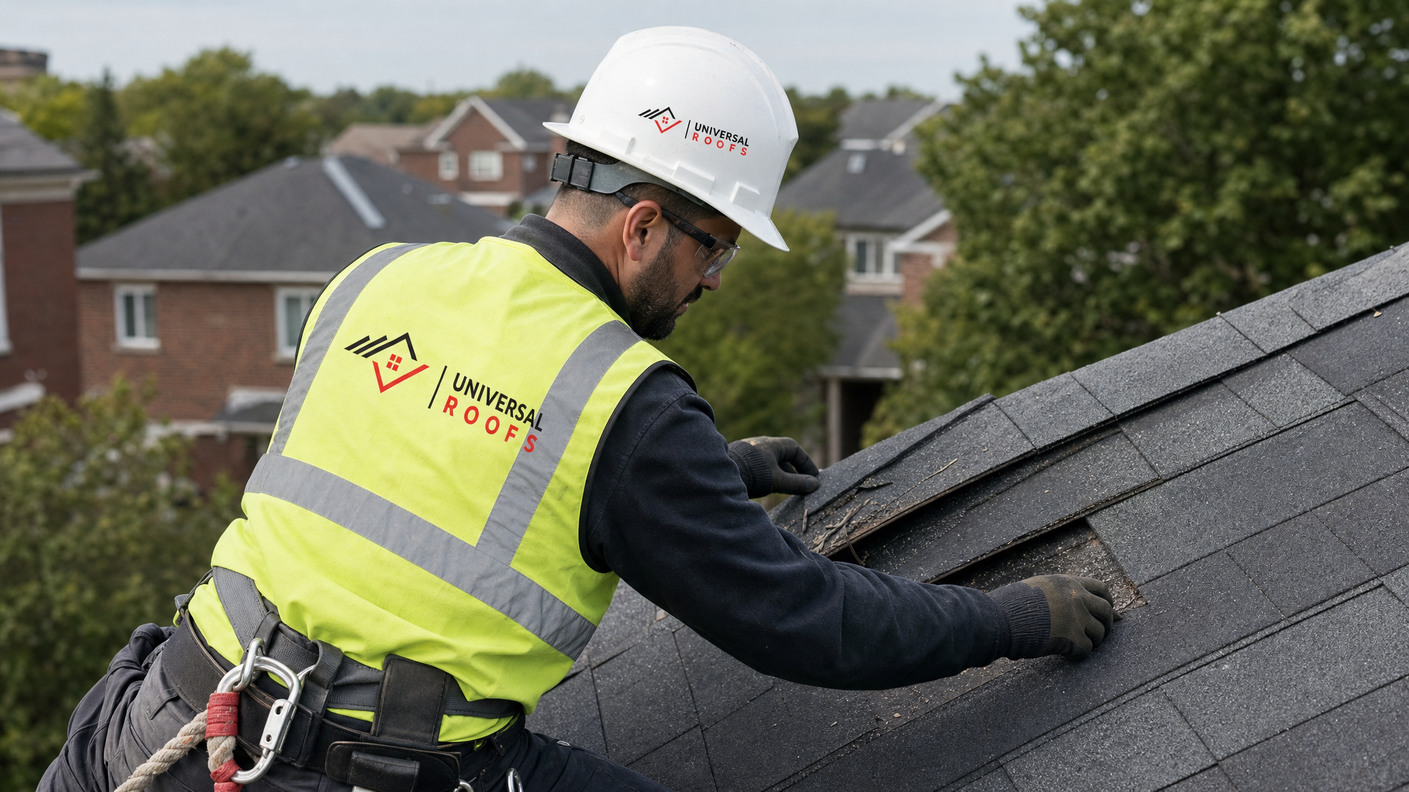 Roofer wearing full safety harness inspecting and repairing hail damaged shingles on a steep residential roof