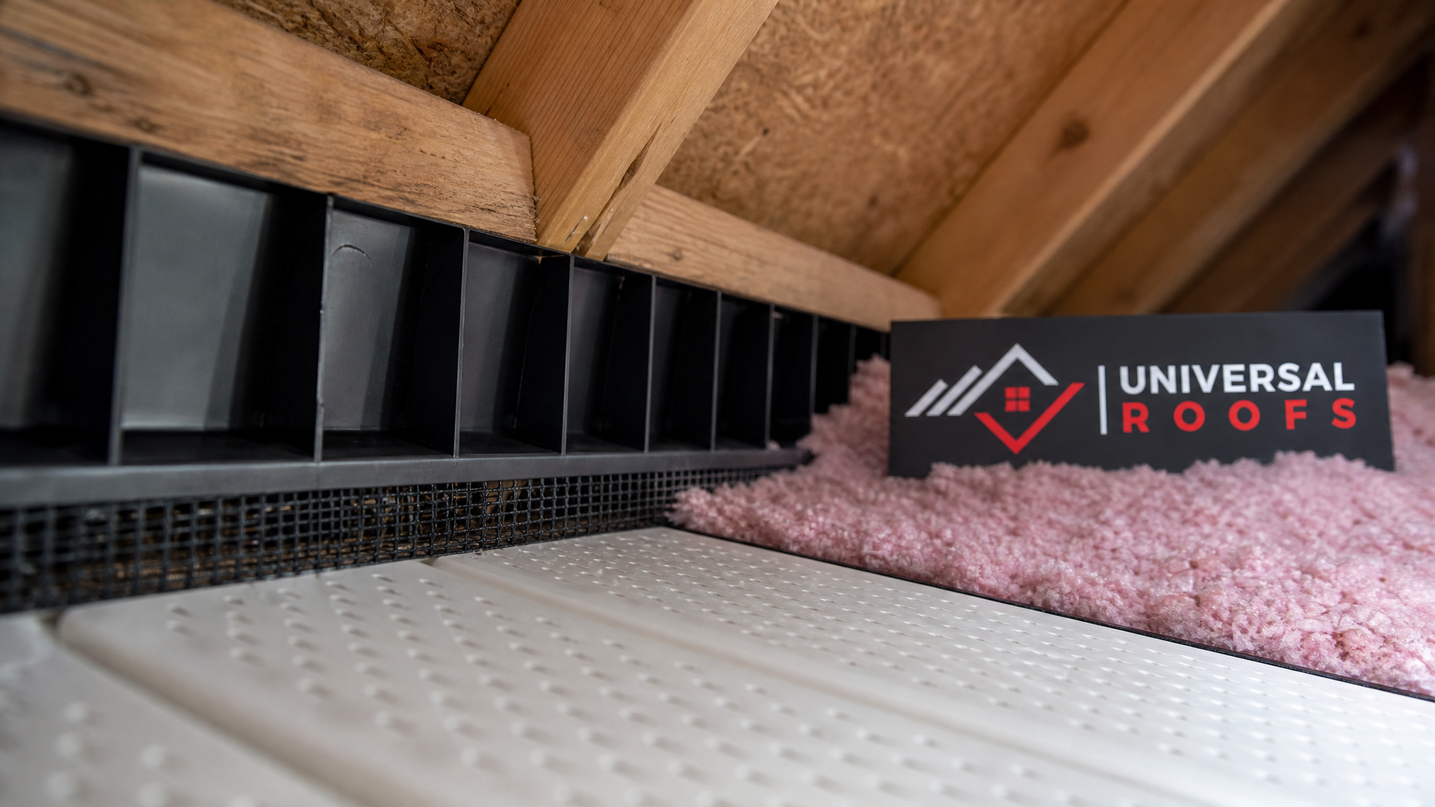 Close-up of a soffit intake vent and baffle installation showing clear airflow channel with Universal Roofs branded sign nearby
