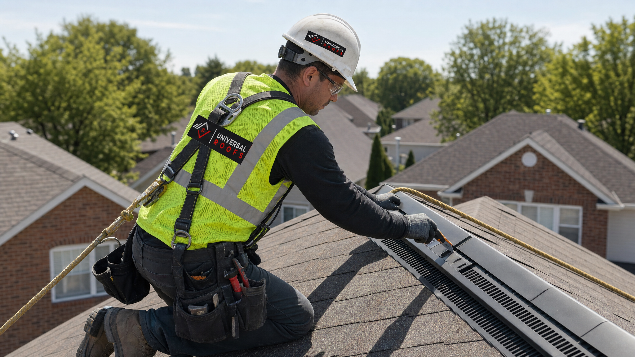 Roofer installing a ridge vent along the peak of a Toronto home wearing full safety harness and PPE