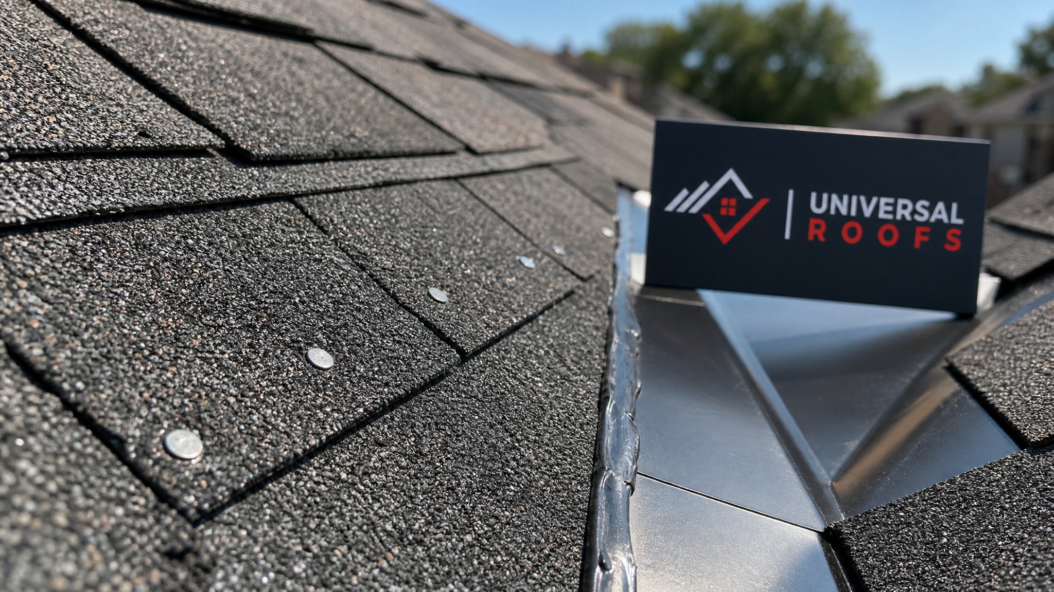 Close-up of properly fastened asphalt shingle tabs and sealed flashing detail on a Toronto roof with a branded sign placard nearby
