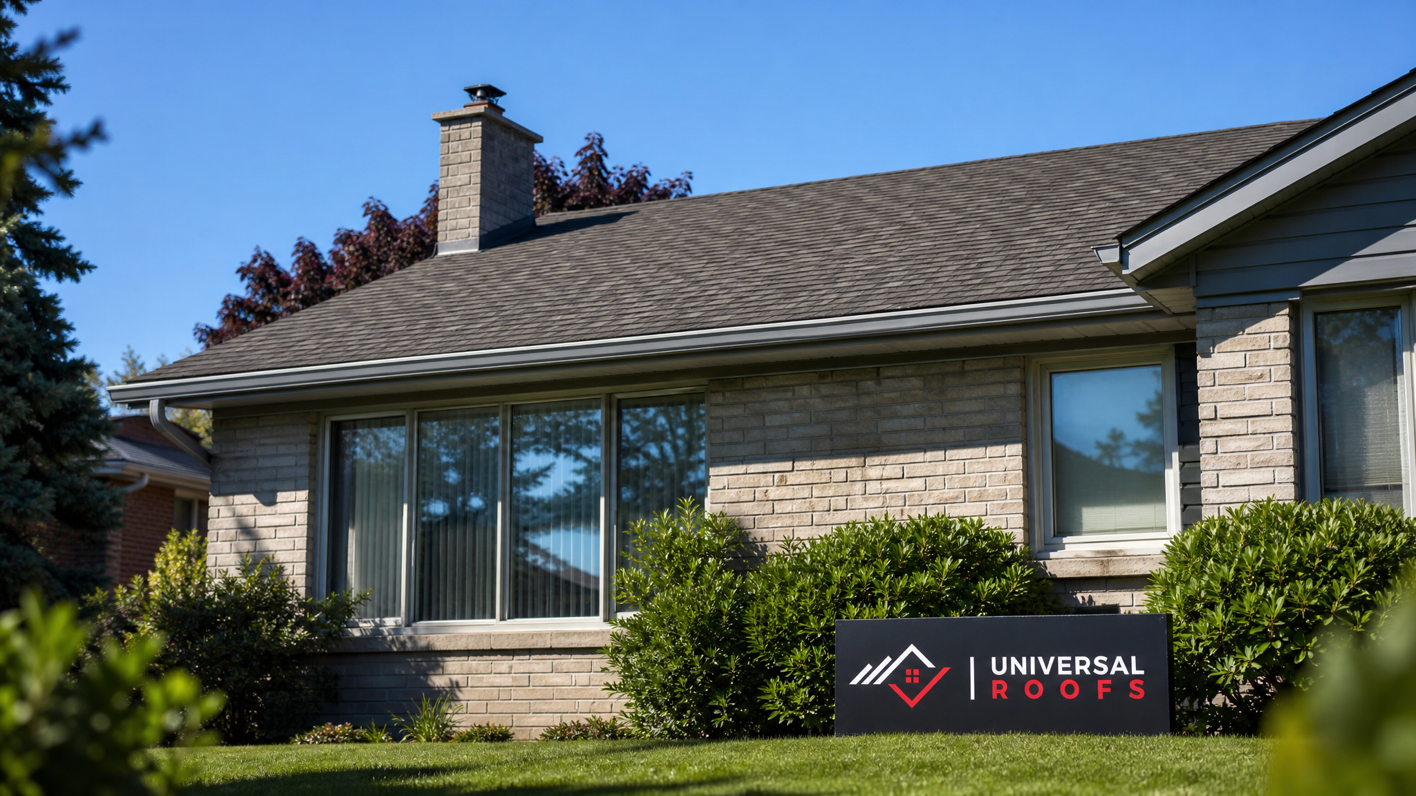 Repaired asphalt shingle roof on a Toronto home under clear summer sky with a Universal Roofs branded sign placard resting nearby