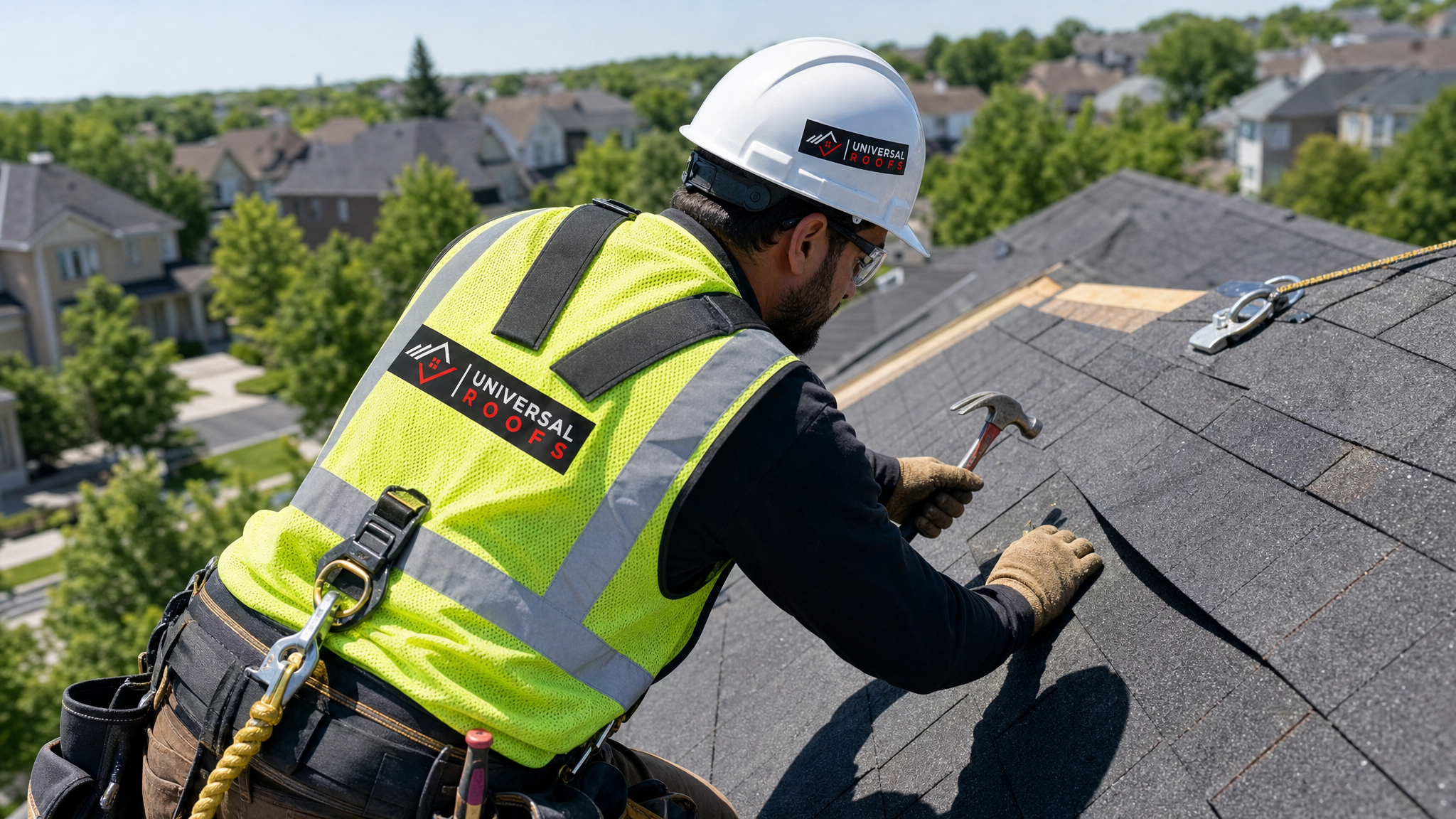 Roofer wearing hard hat, hi-vis vest, safety glasses, gloves and fall-protection harness securing shingles during a wind damage repair on a Toronto roof