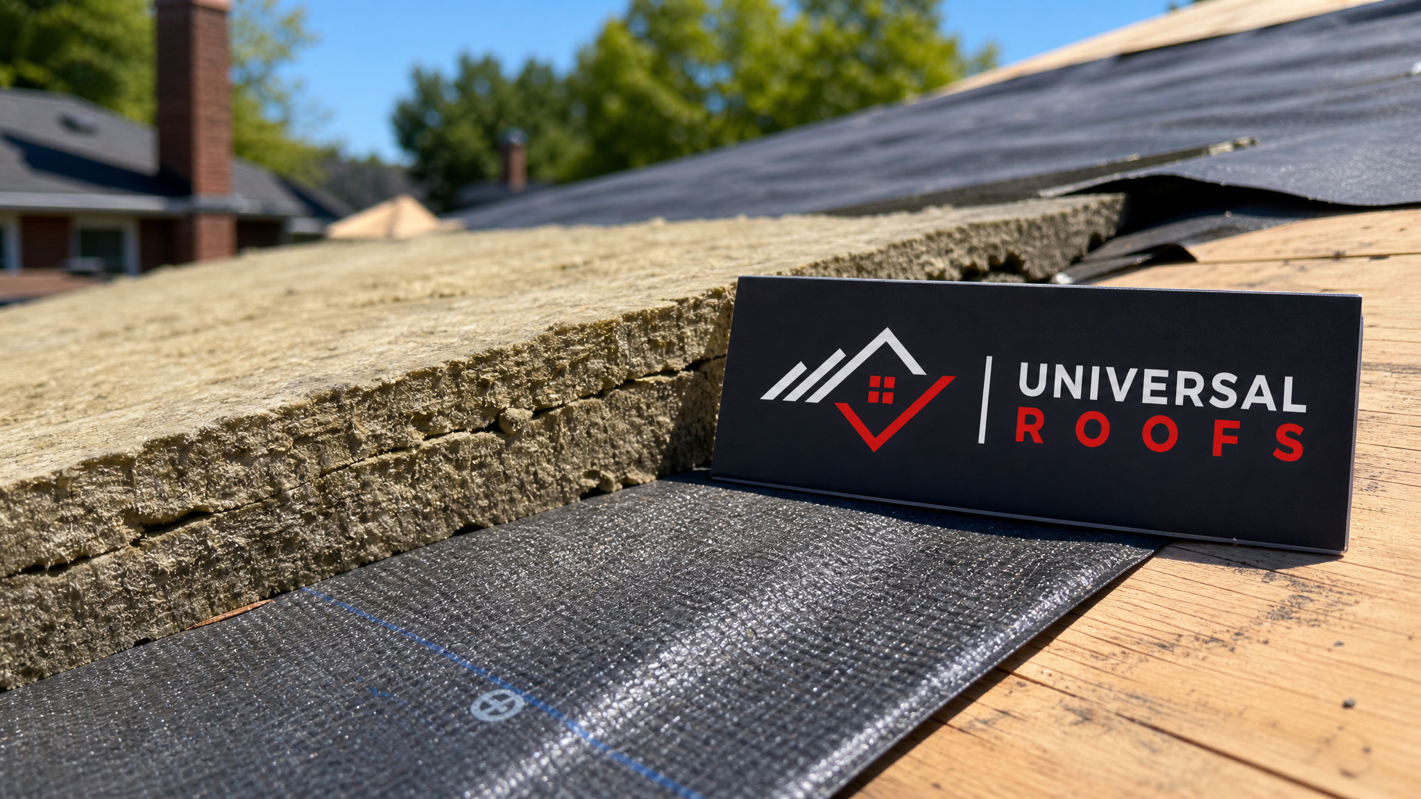 Close-up of layered acoustic roofing underlayment and dense mineral wool insulation material used for roof soundproofing
