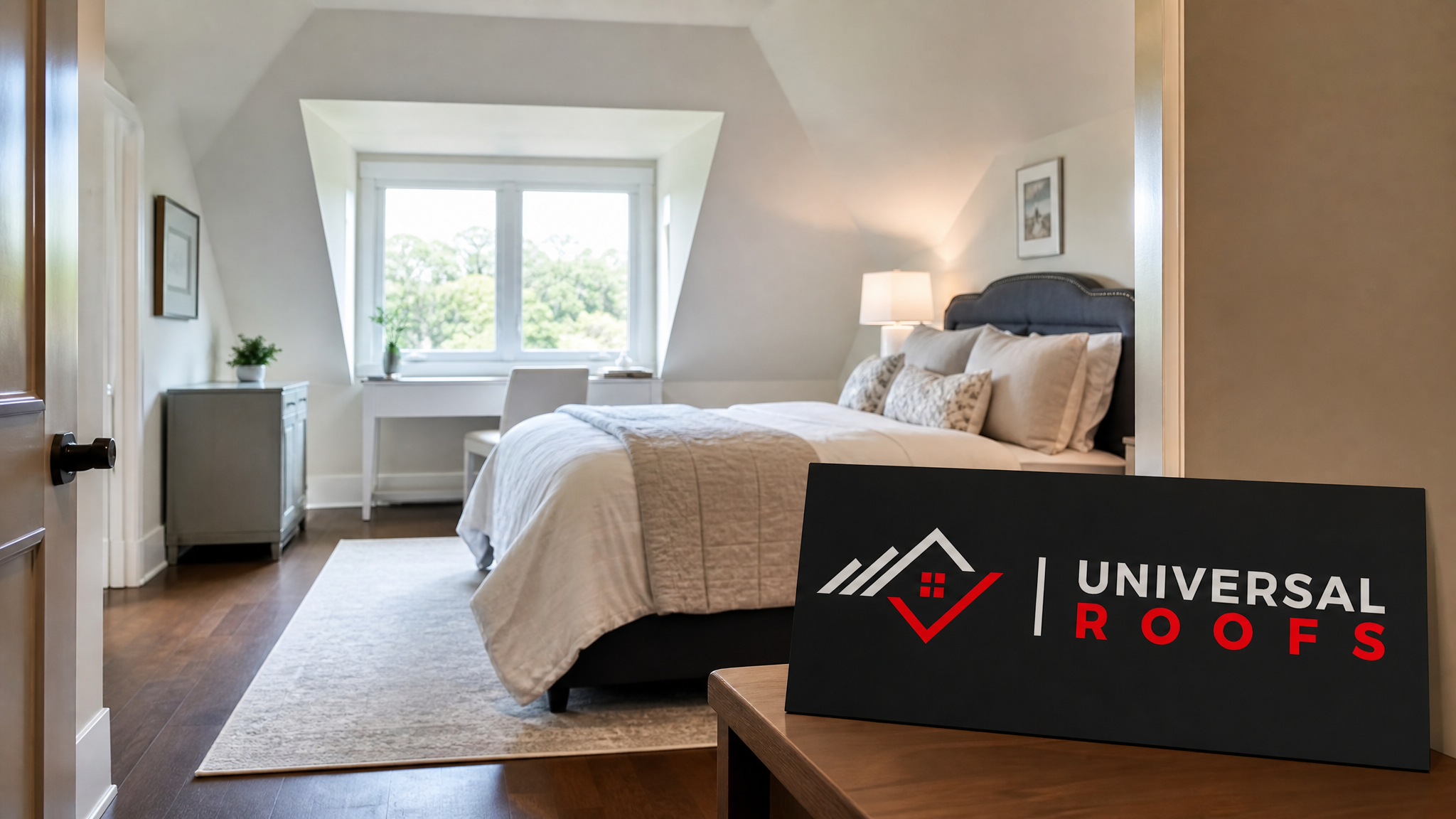 Quiet, finished attic bedroom under a soundproofed roof on a sunny summer day in a Toronto home