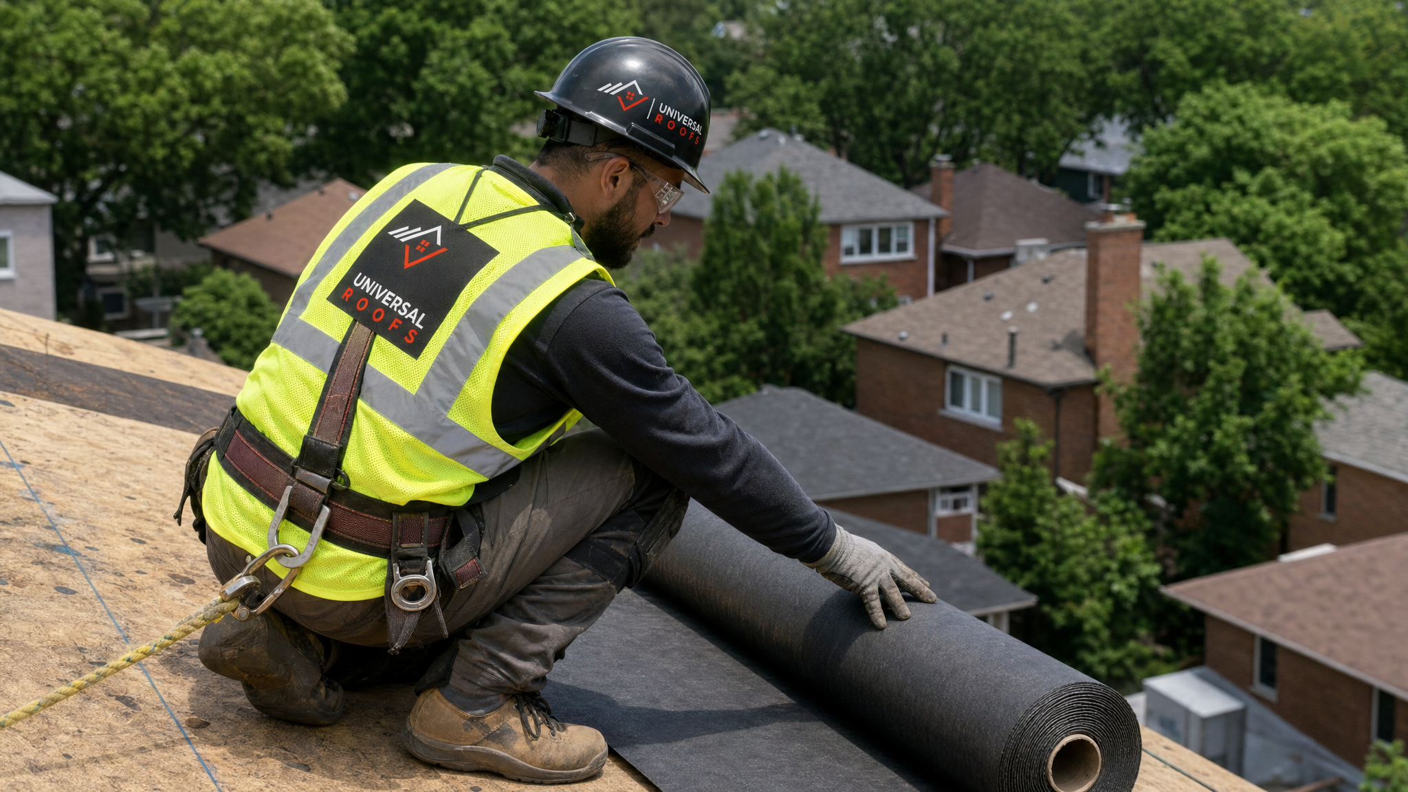 Roofer wearing full safety harness installing acoustic underlayment and insulation on a residential roof deck in summer daylight