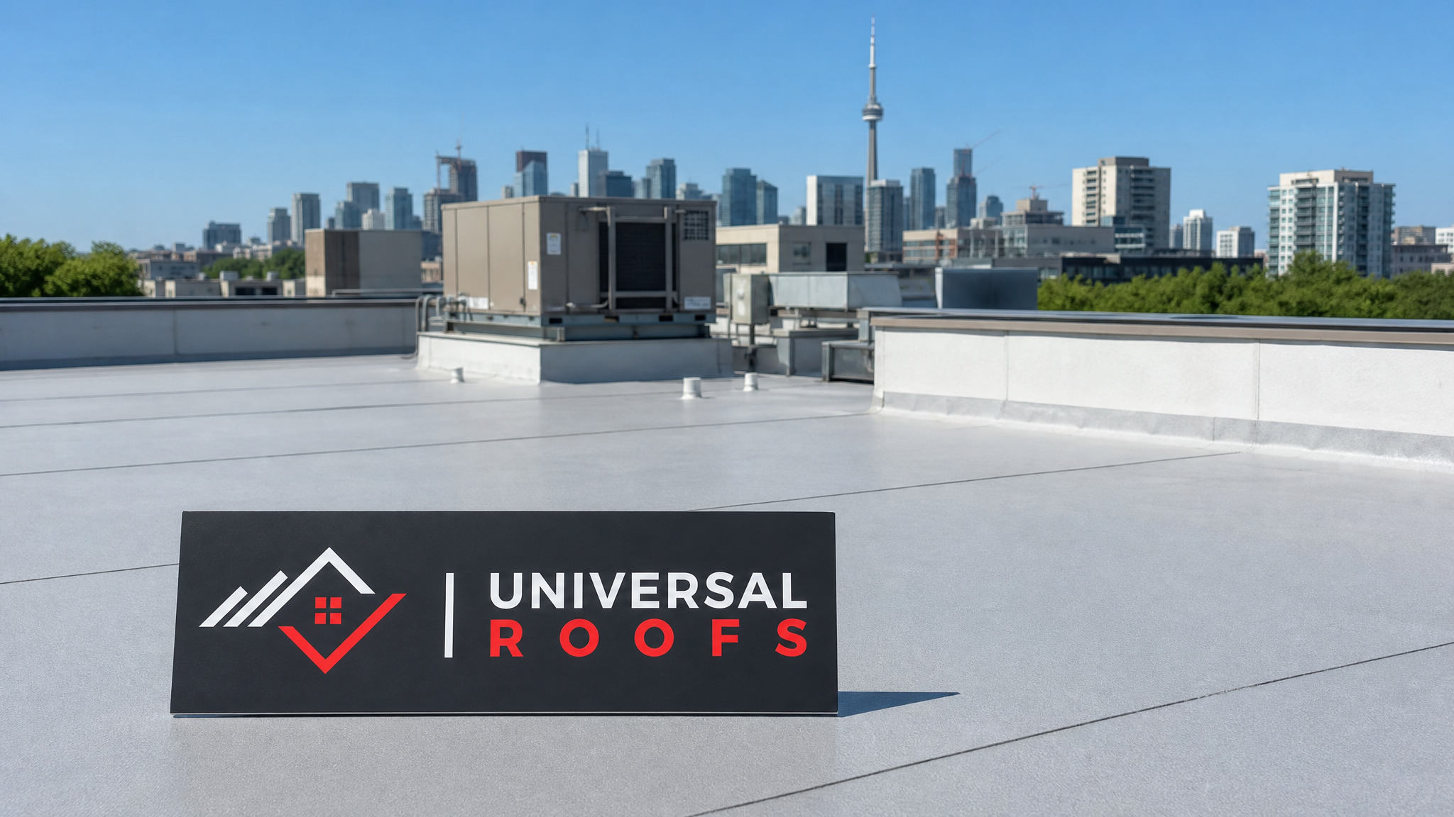 Freshly sealed commercial flat roof membrane on a Toronto building under clear summer sky