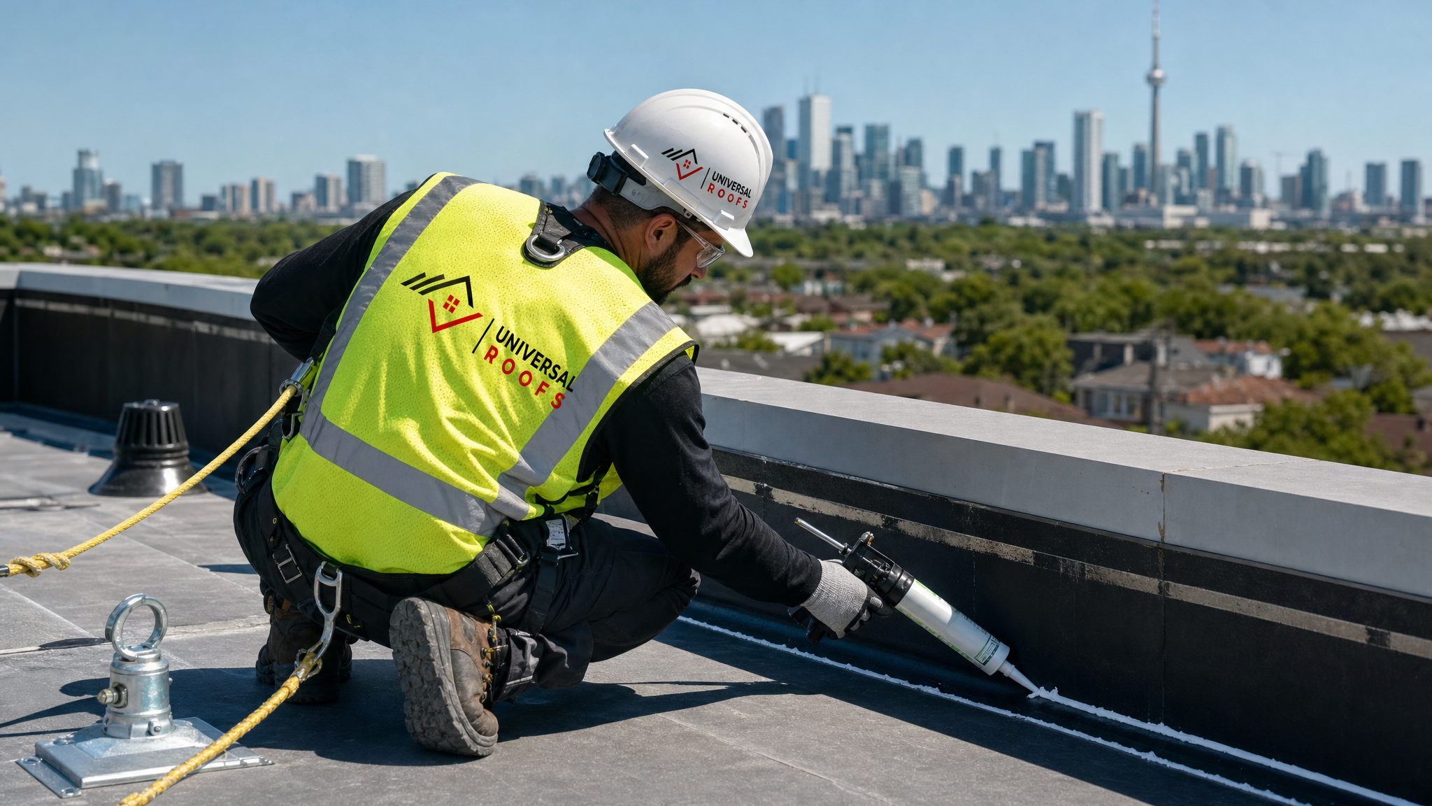 Roofer applying silicone sealant along a commercial roof seam while secured with a fall-protection harness