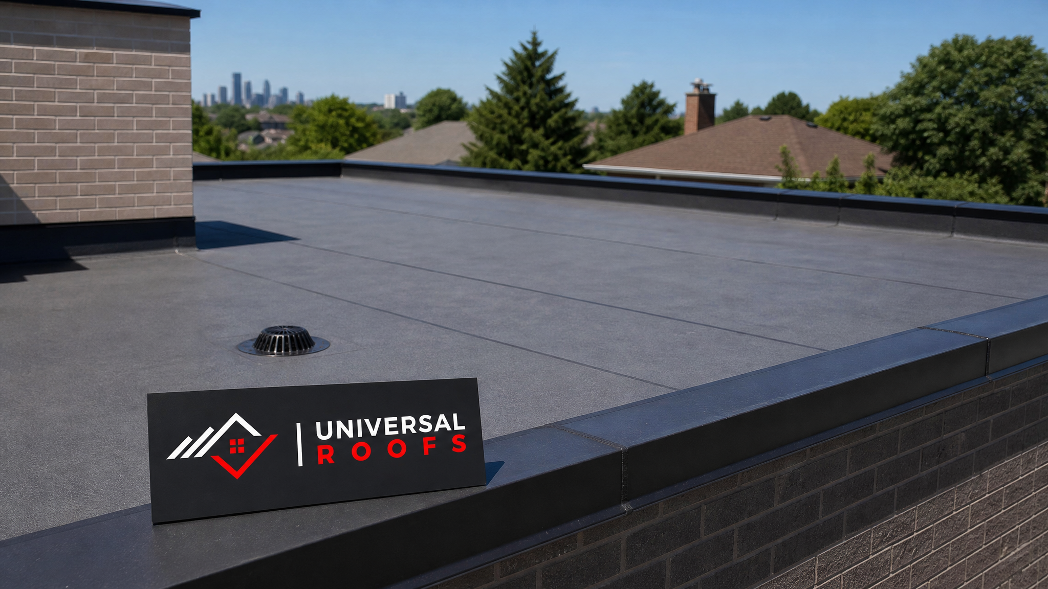 A well-maintained aging flat roof in Toronto on a sunny summer day with a Universal Roofs branded sign placard resting nearby