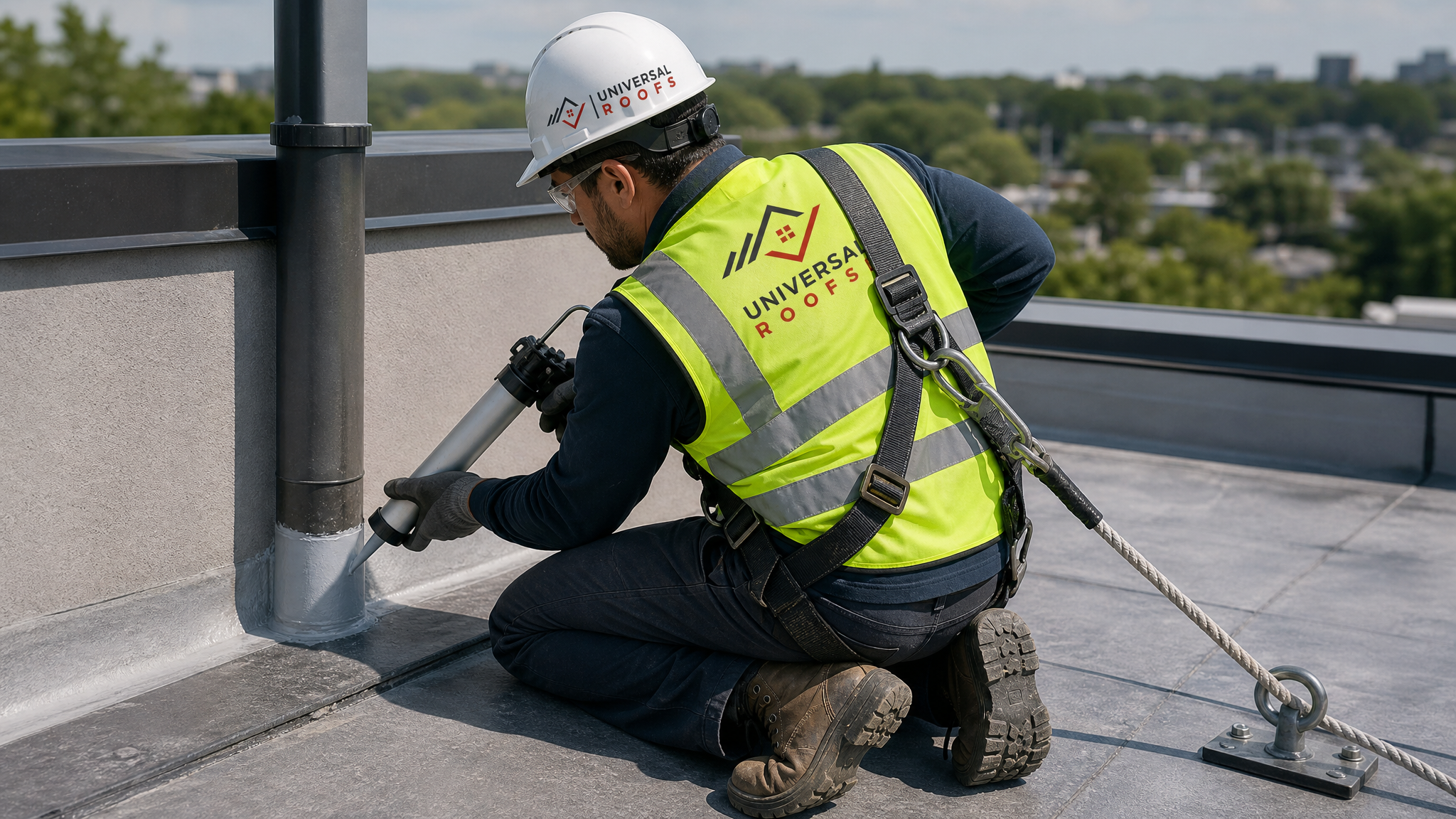 A roofing technician wearing full safety harness and PPE resealing flashing on an aging flat roof in Toronto