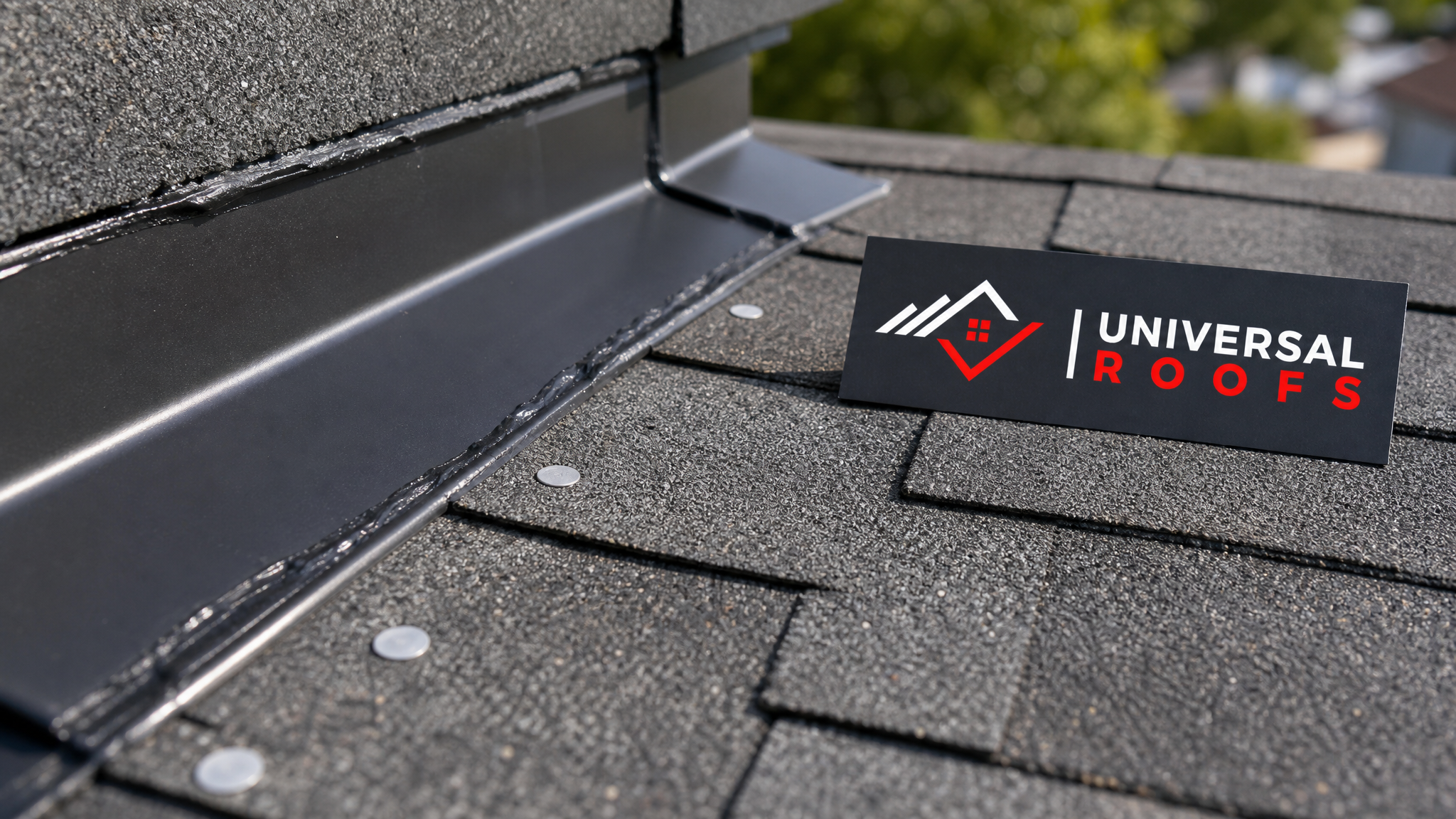 Close-up detail of a properly sealed asphalt shingle nailing zone and flashing seam after wind damage repair, with a Universal Roofs branded sign placard beside the roof section