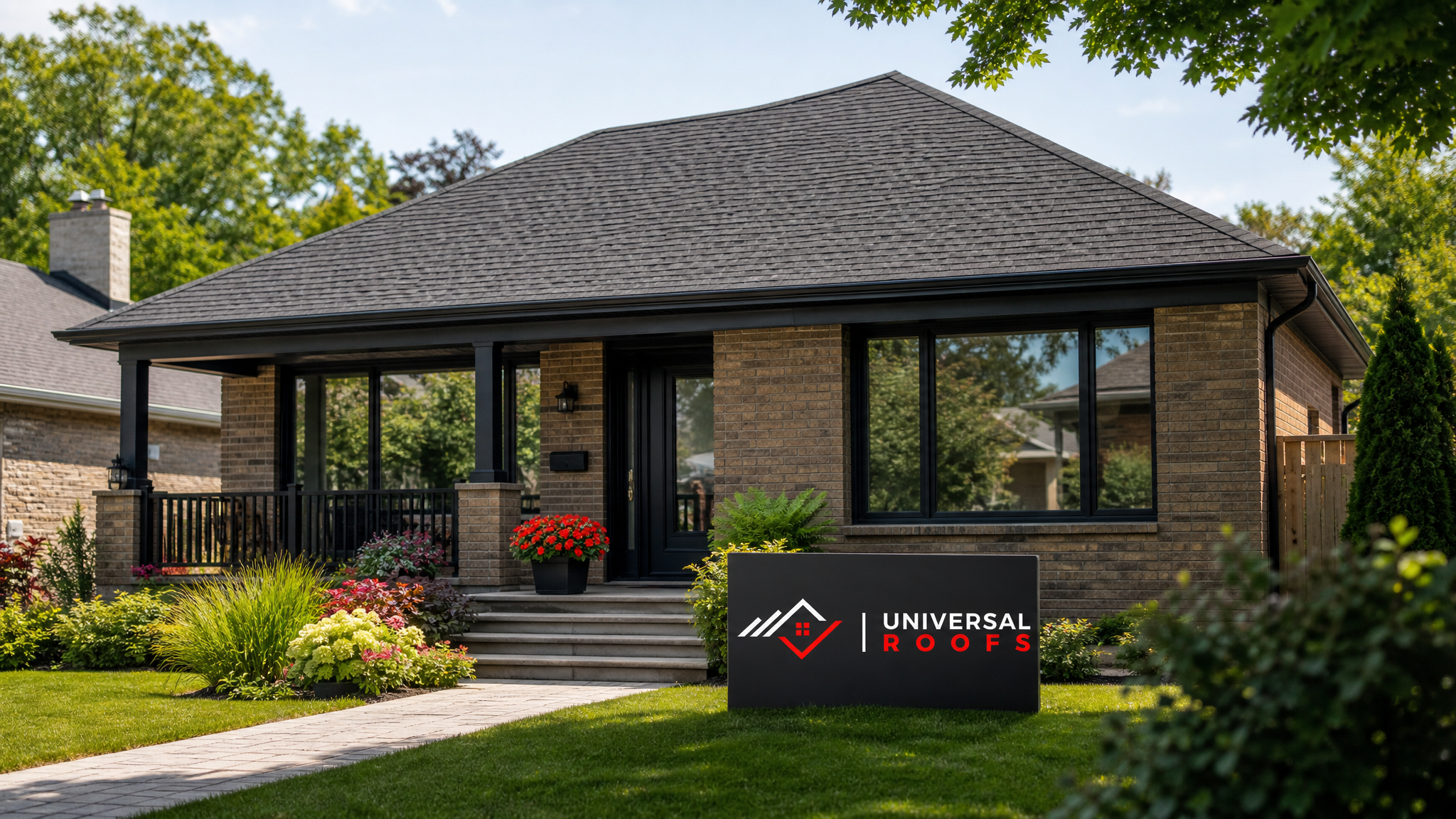 Fully repaired asphalt shingle roof on a Toronto home after wind damage restoration, shown in bright summer daylight with a Universal Roofs branded sign placard resting on the lawn