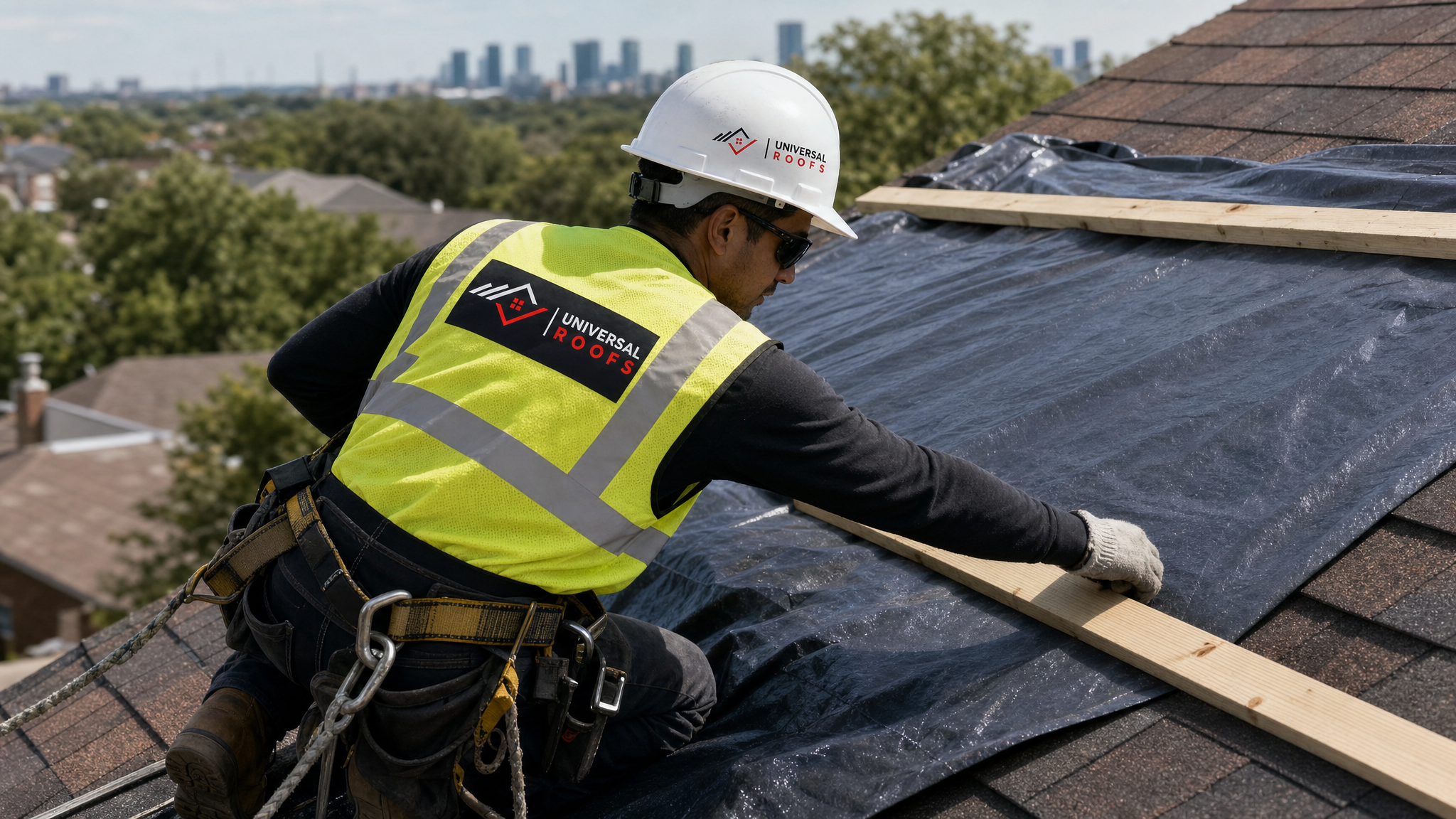 Roofer wearing full safety harness, hard hat, and high-visibility vest securing a temporary tarp over wind-damaged shingles on a residential roof in the Toronto area