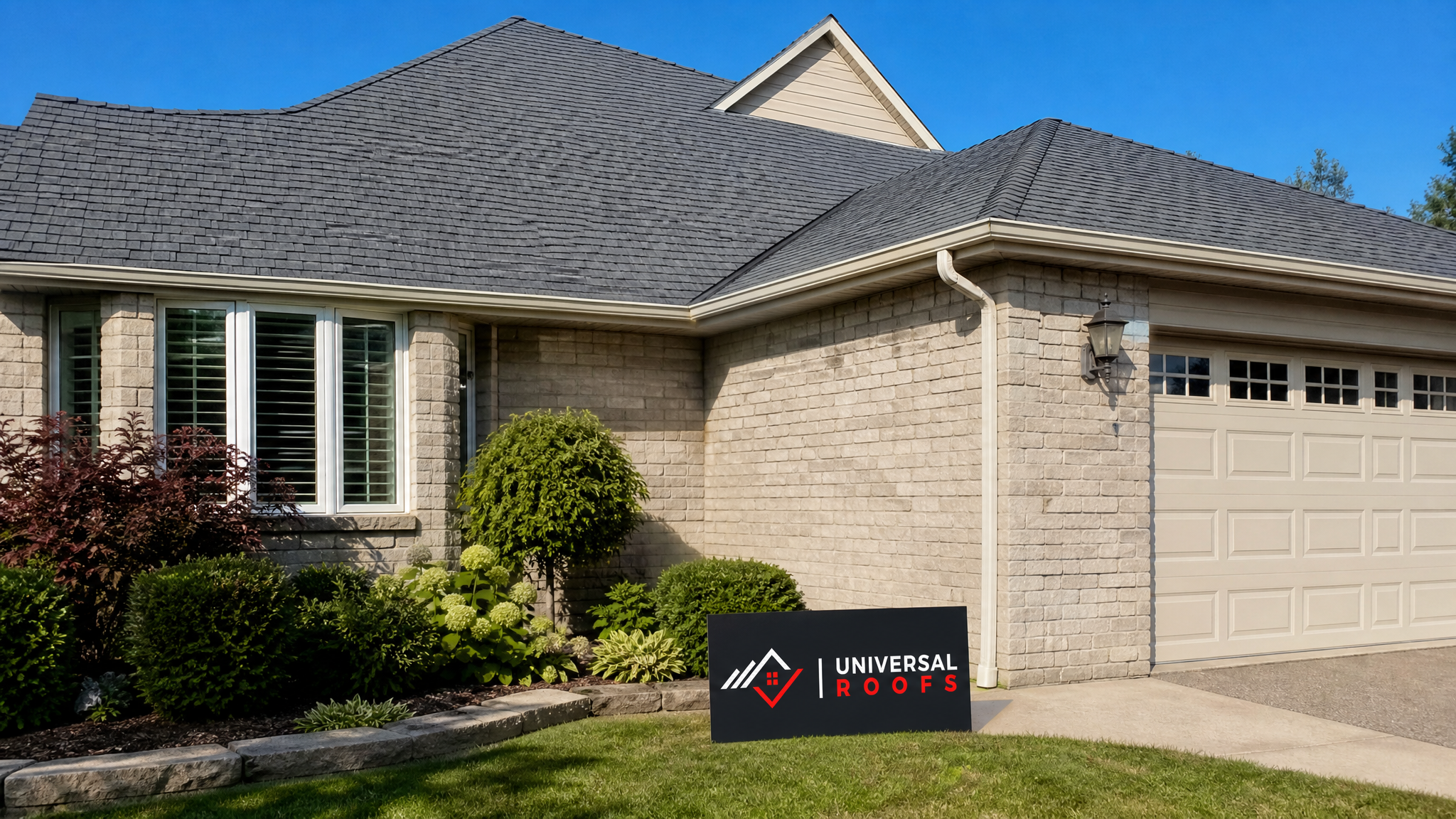 Clean, algae-free asphalt shingle roof on a Toronto home in summer daylight with a Universal Roofs sign placard nearby