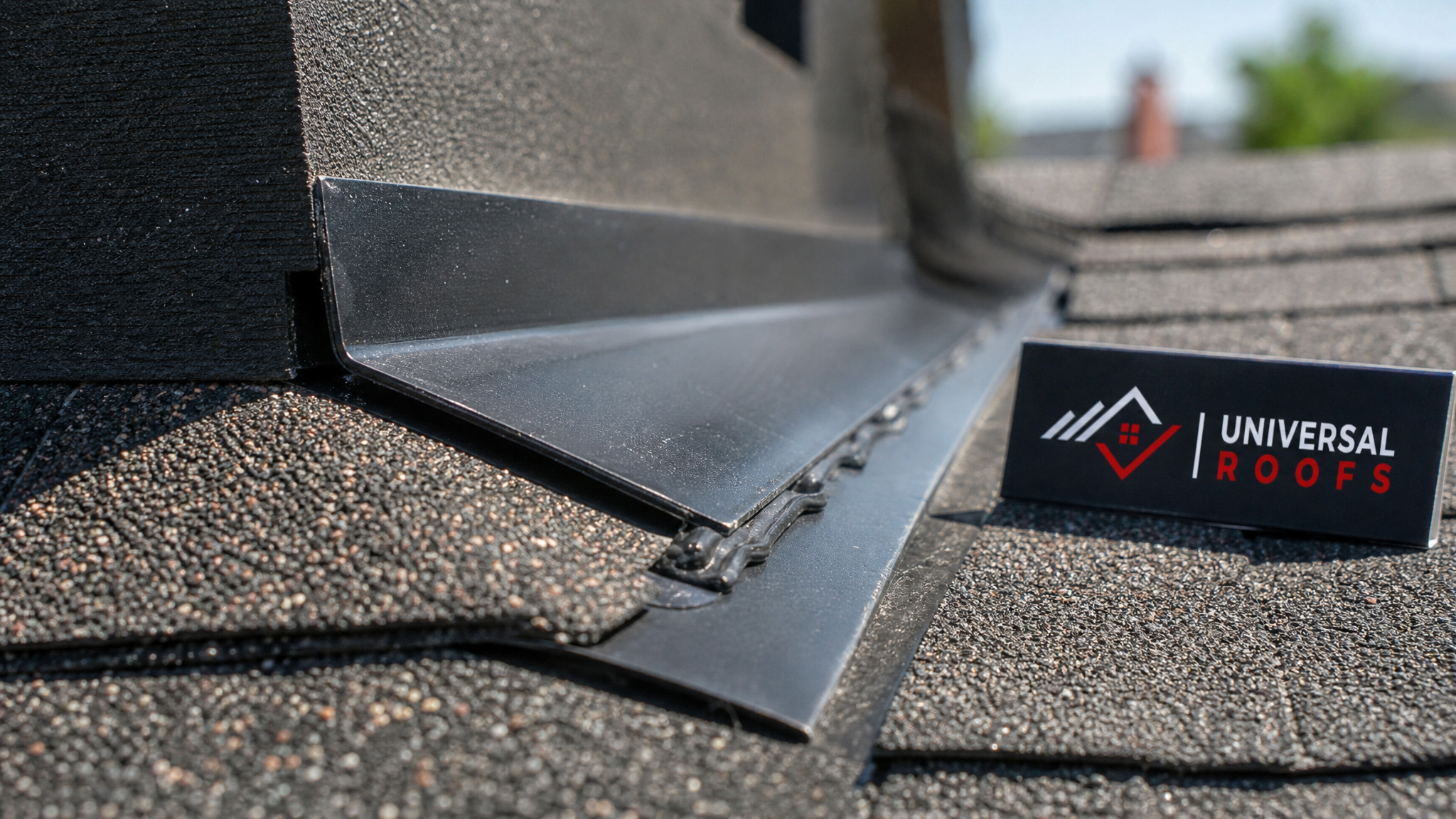 Close-up detail of roof flashing and shingle edge during inspection showing sealant and overlap technique