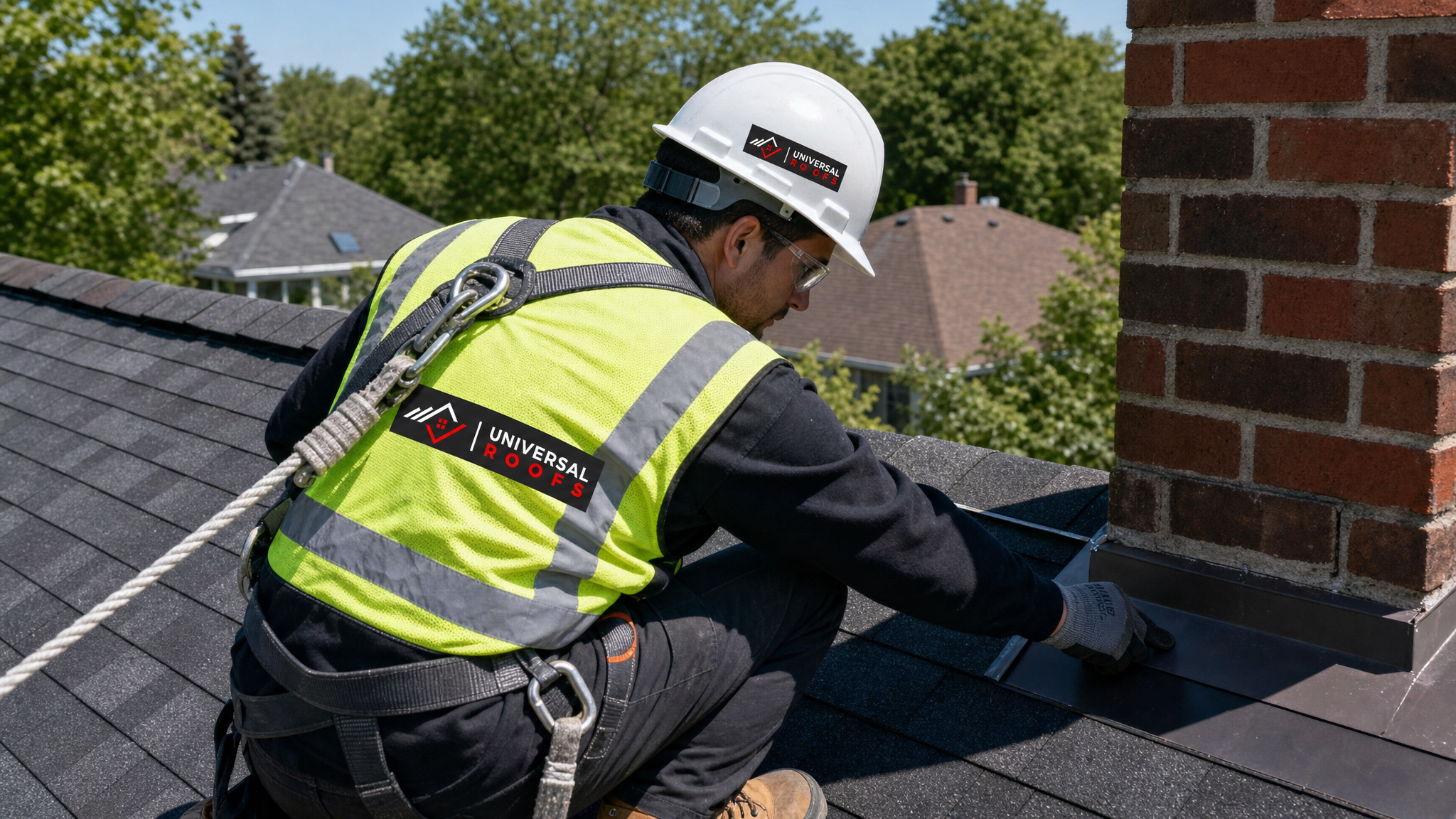 Roofing technician wearing full safety harness and PPE inspecting shingles and flashing on a Toronto home in summer daylight