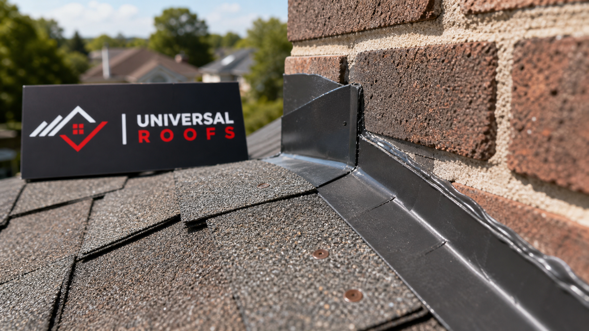 Close-up detail of overlapping asphalt shingles and step flashing showing proper nail placement and sealant technique