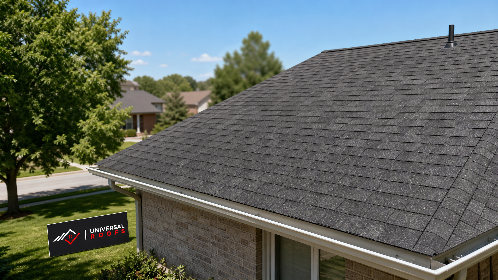 Freshly repaired asphalt shingle roof on a Toronto home in summer daylight with a branded sign placard resting nearby