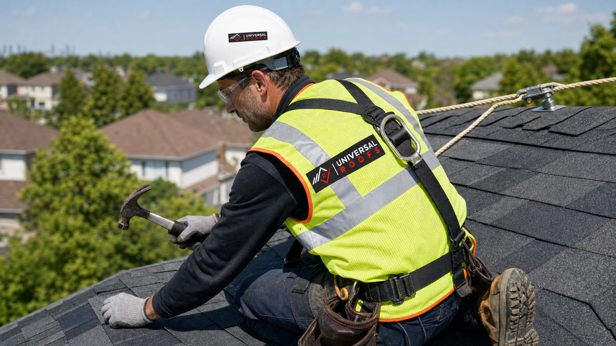 Roofer wearing full safety harness and PPE hand-nailing a replacement asphalt shingle on a residential roof in Toronto