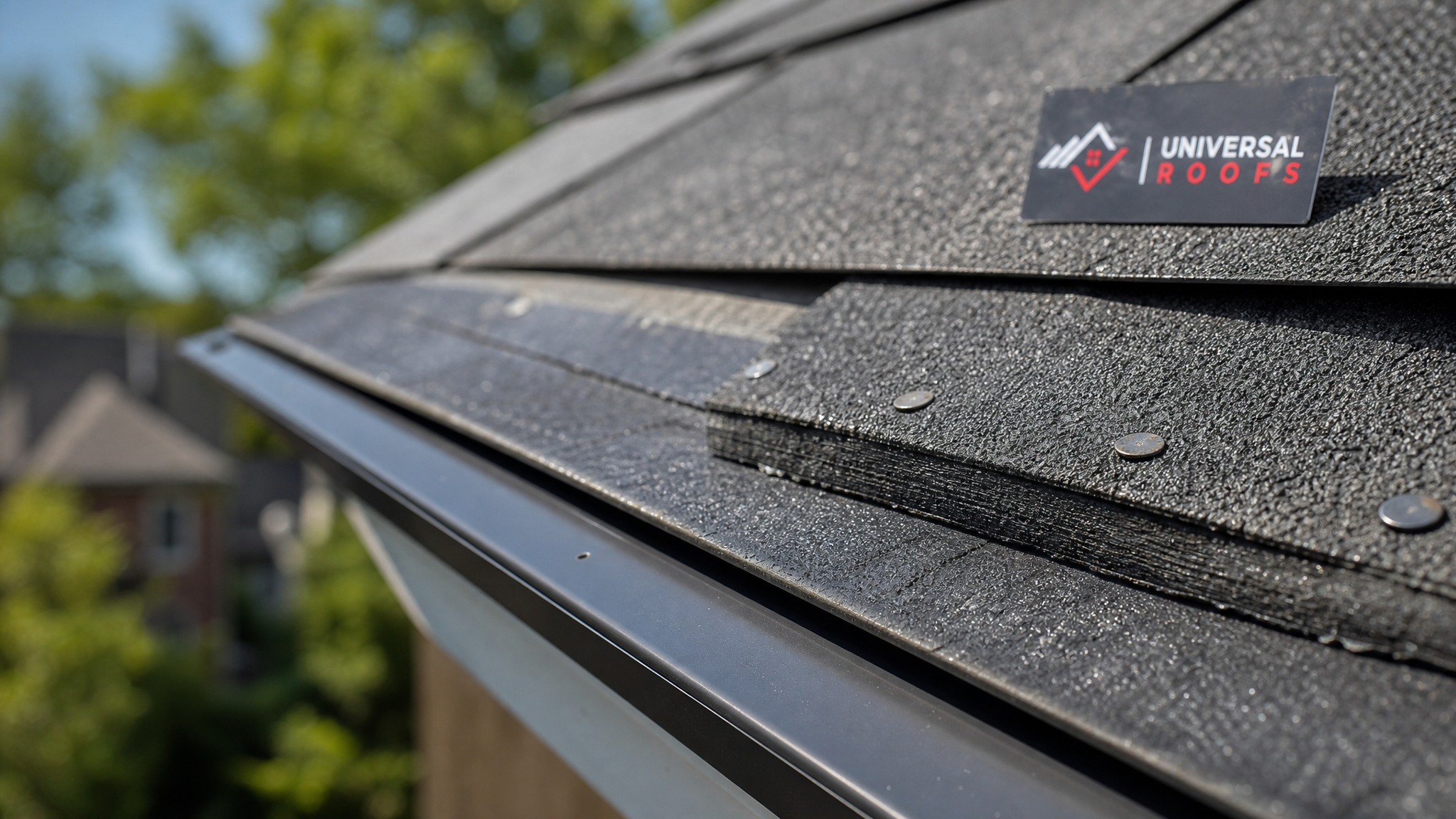 Close-up of ring-shank roofing nails and sealed starter strip shingle along a reinforced roof eave