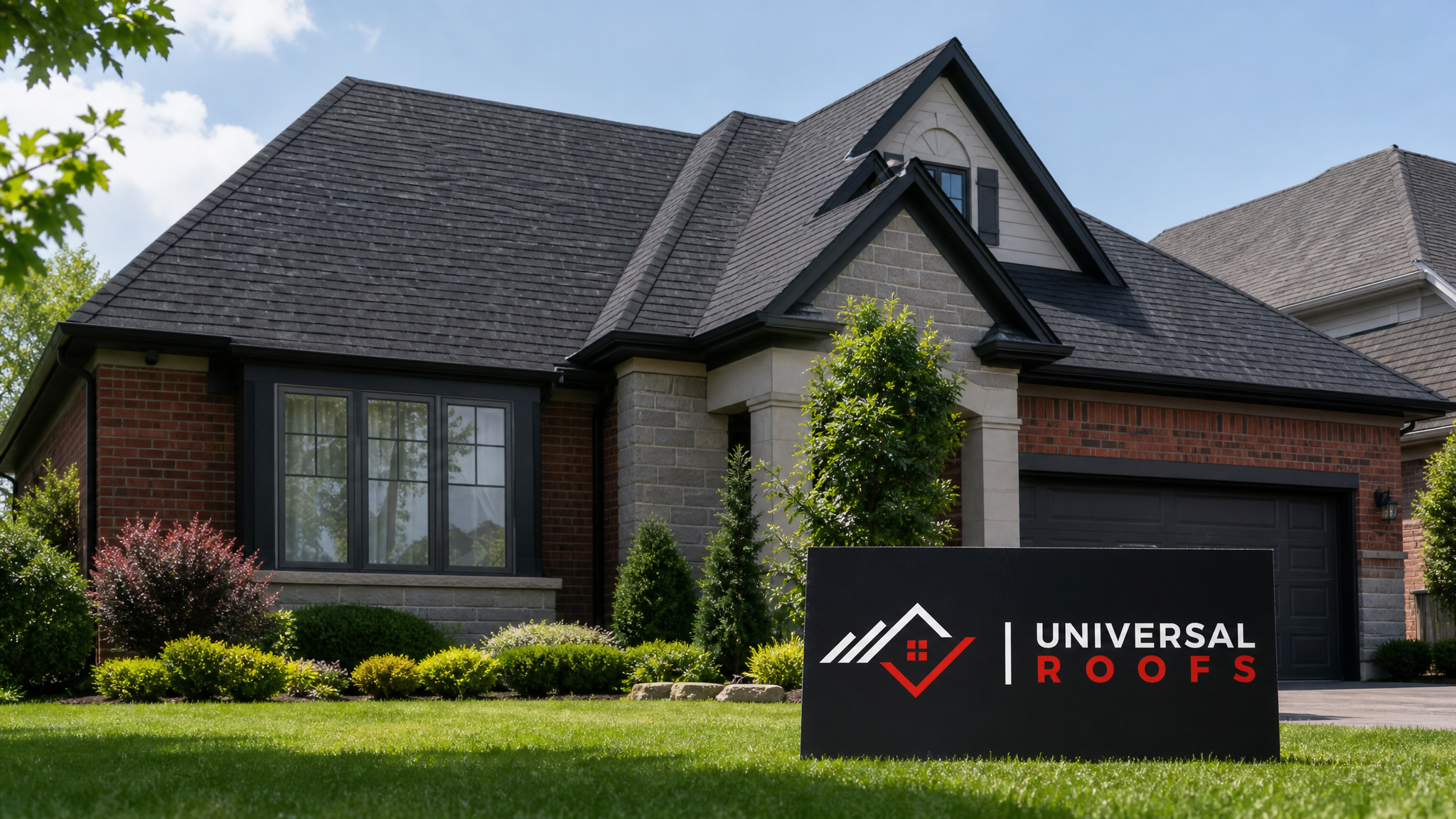 Newly replaced wind-resistant asphalt shingle roof on a Toronto area home under clear summer sky