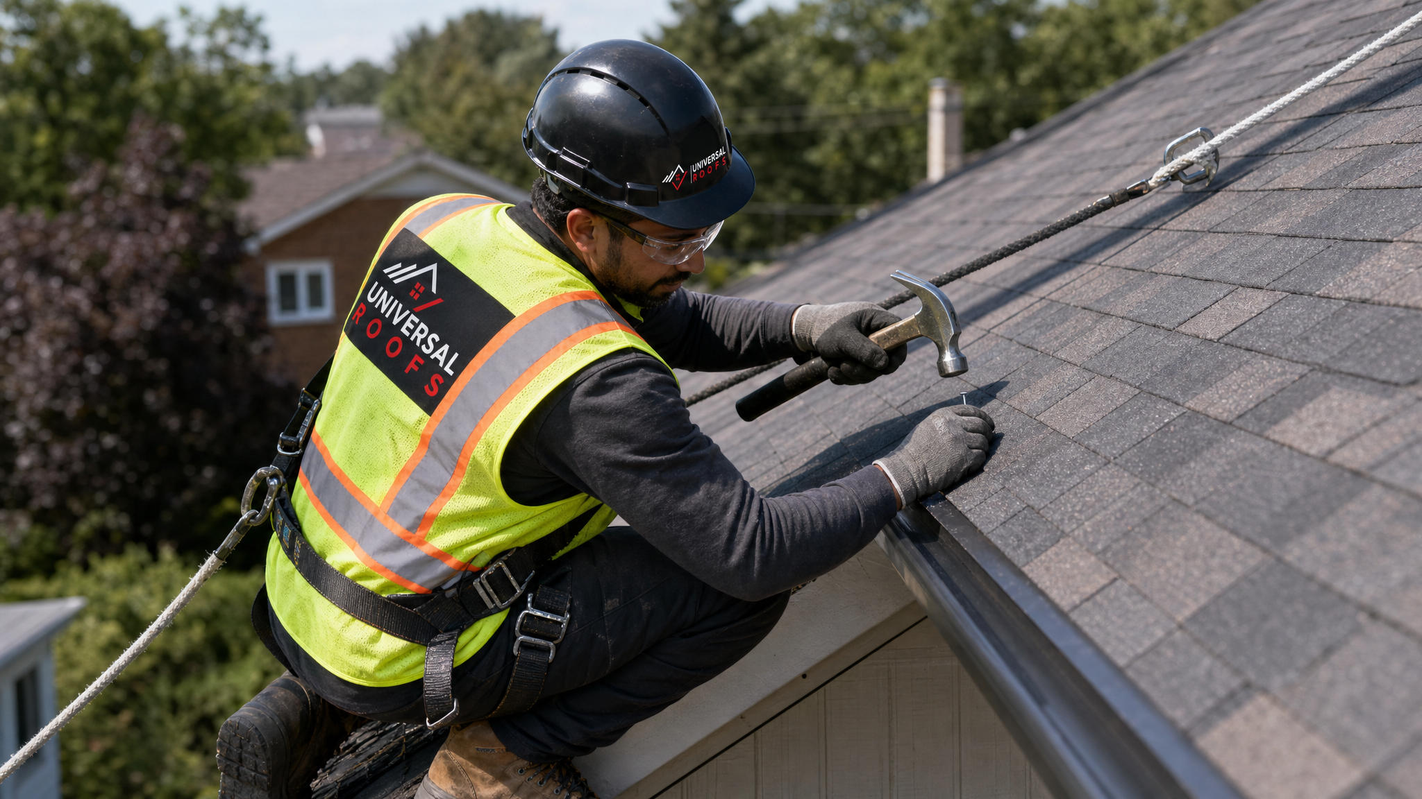 Roofer wearing full safety harness hand-nailing architectural shingles along a roof edge in Toronto