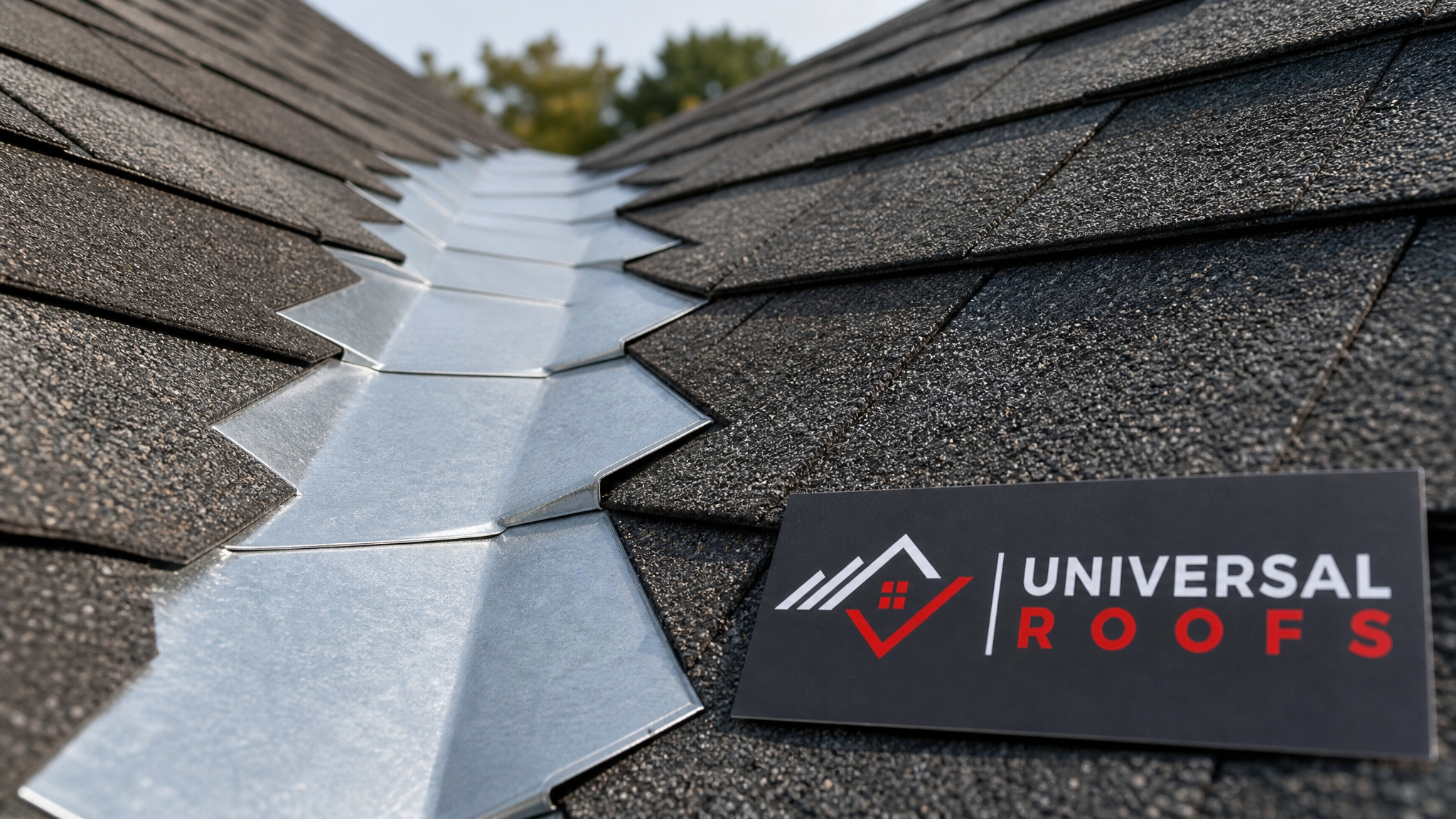 Close-up of new step flashing and shingle overlap detail at a roof valley with a Universal Roofs branded sign placard visible nearby