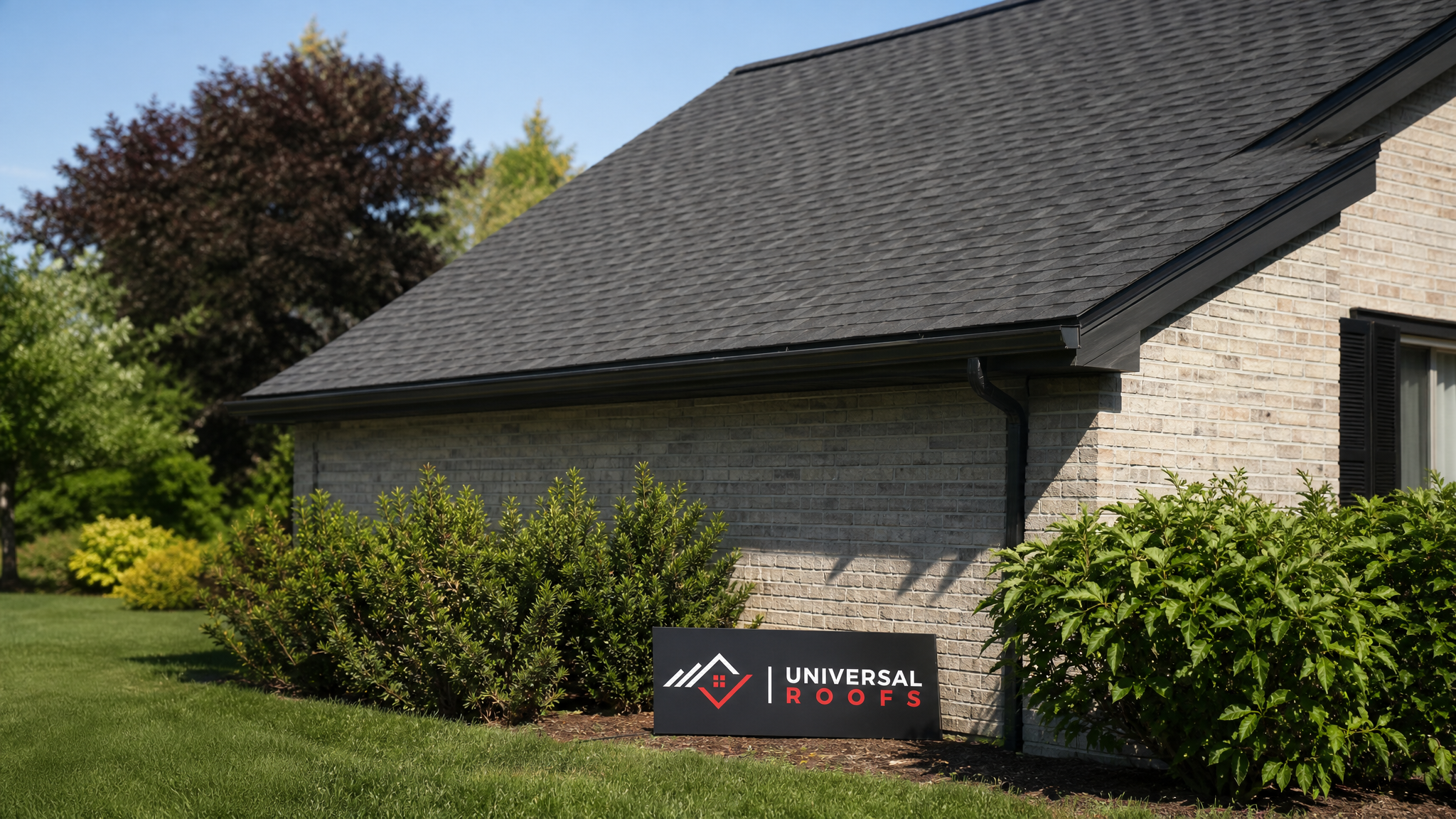 Freshly repaired asphalt shingle roof on a Toronto home in summer daylight with a Universal Roofs branded sign placard resting nearby