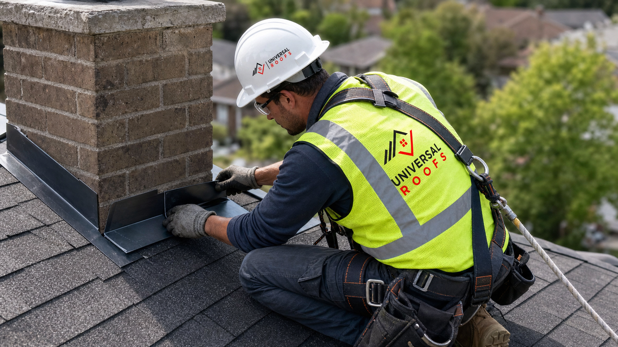 Roofer wearing hard hat, high-visibility vest, safety glasses, gloves, and a fall-protection harness with rope repairing flashing on a sloped roof in daylight