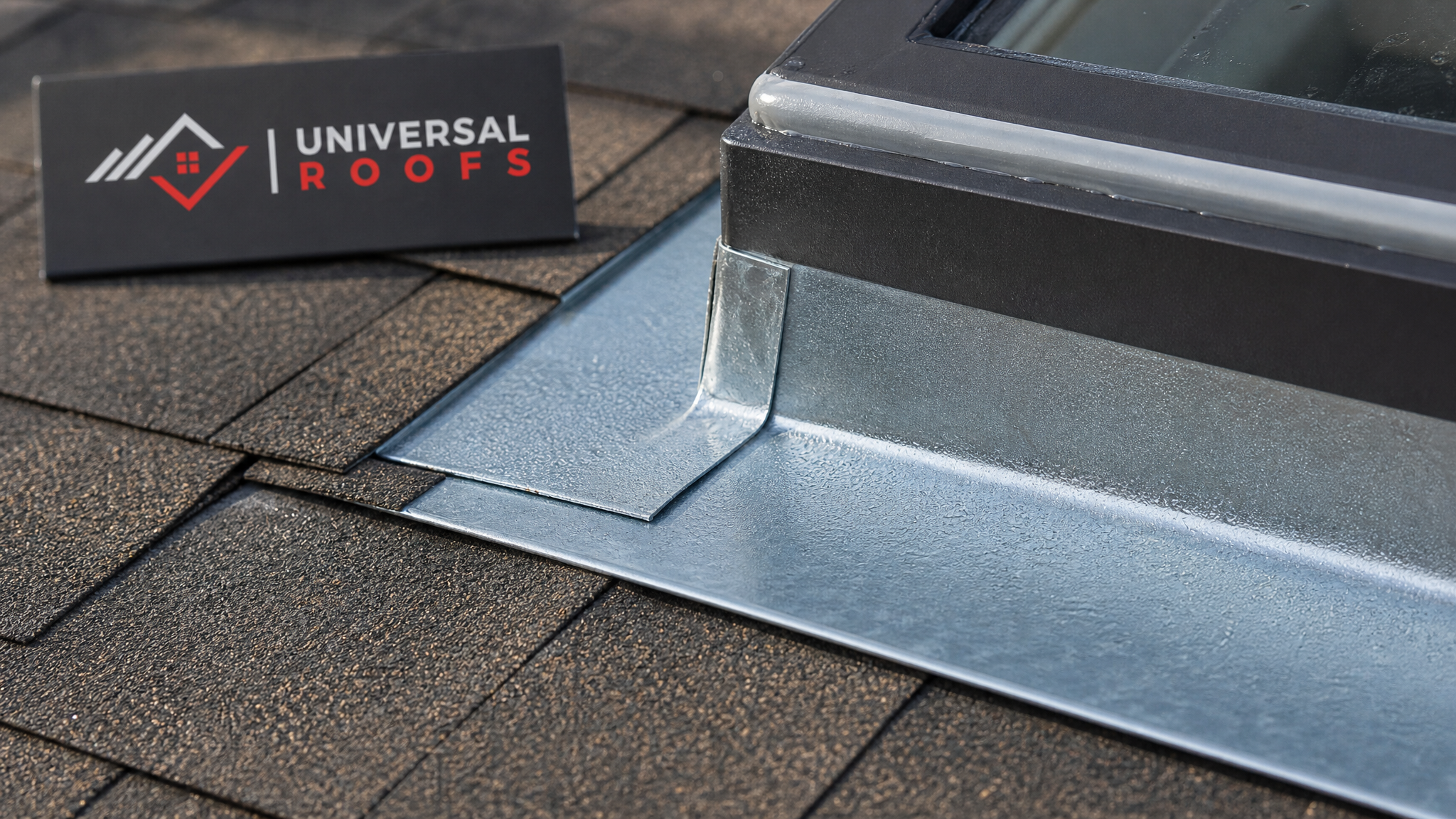 Close-up of new step flashing and sealant bead around a residential skylight curb with a Universal Roofs branded sign placard visible